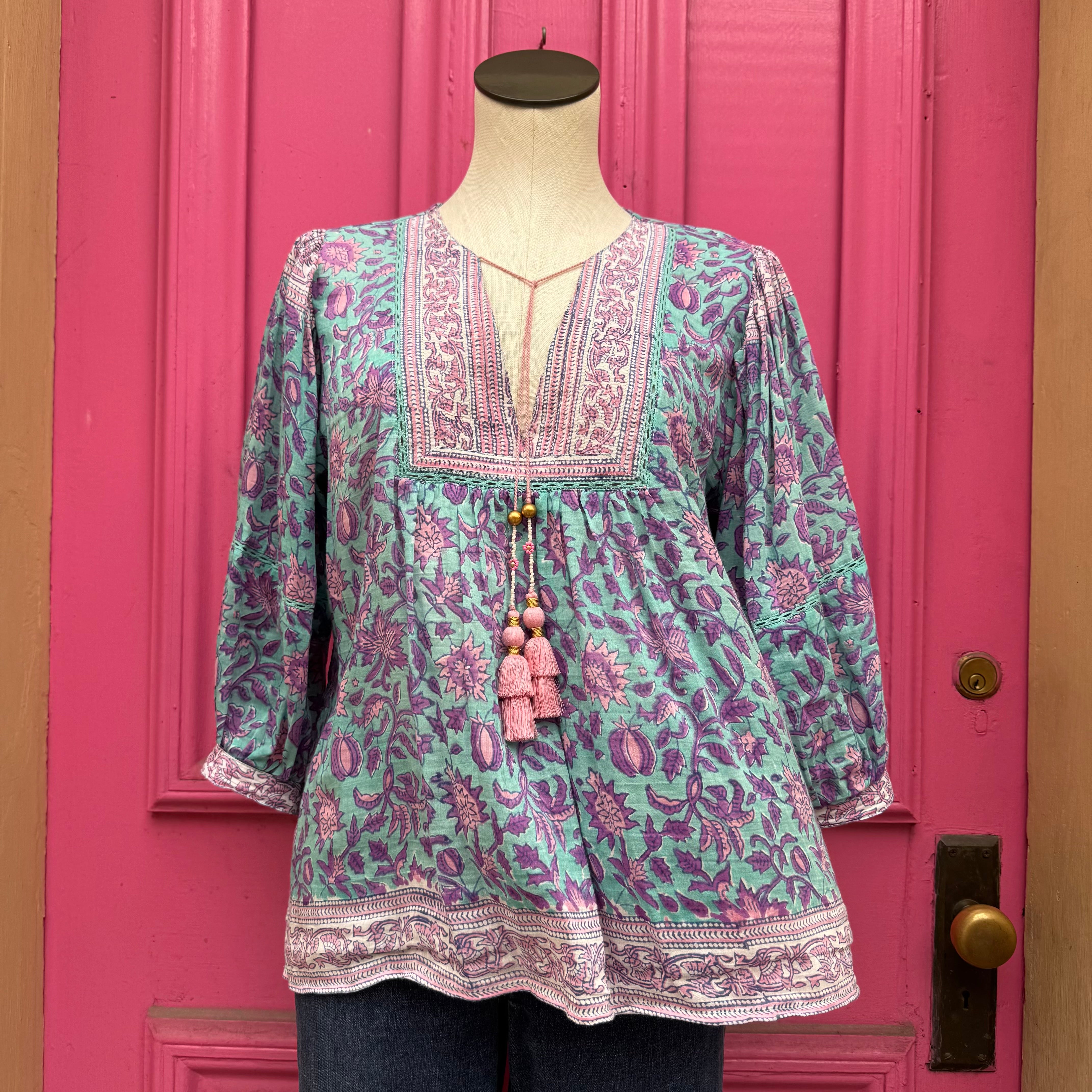 Bell teal purple pink short sleeve top size L