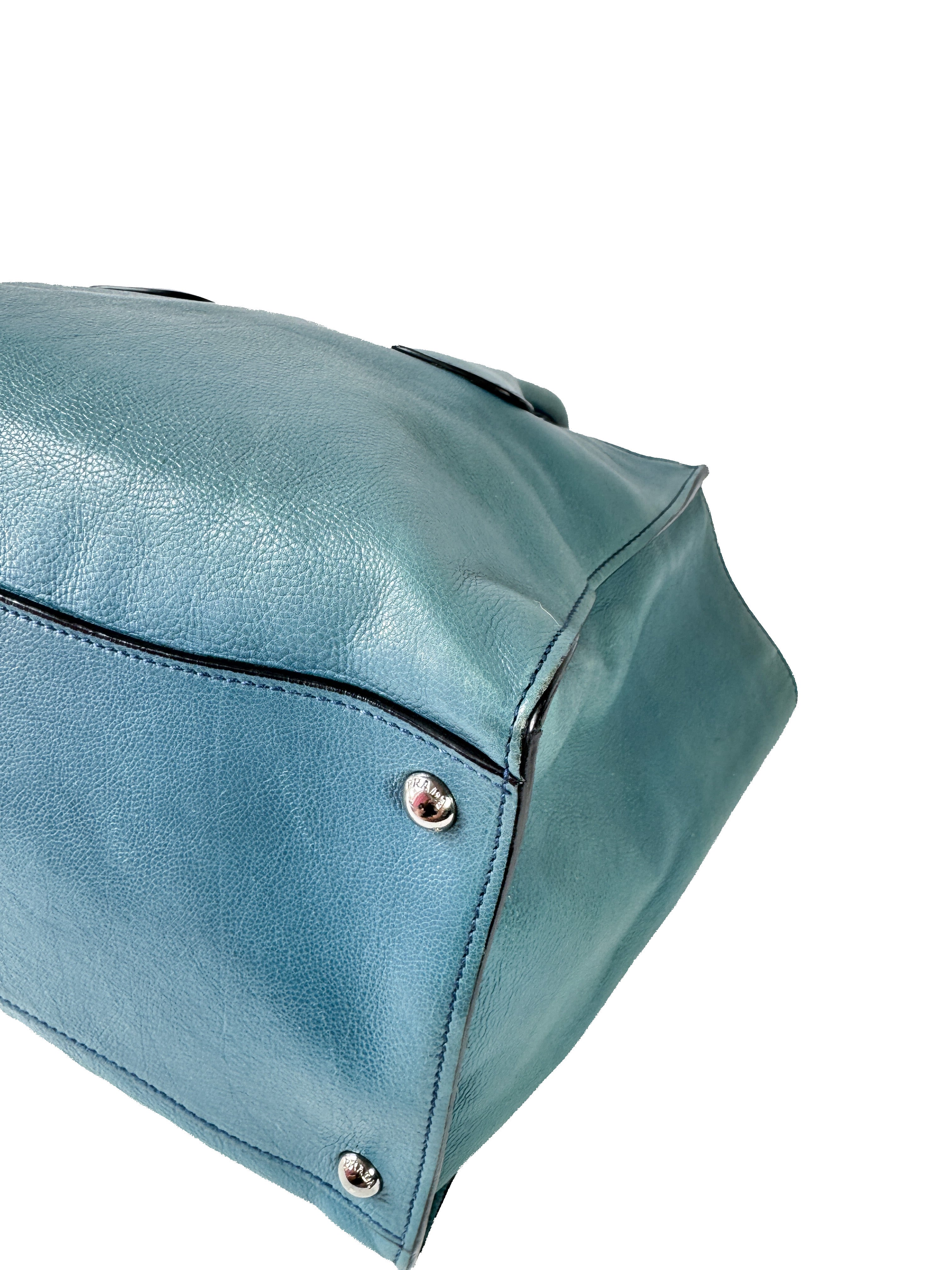 Prada teal twin pocket Glace leather tote 14/O