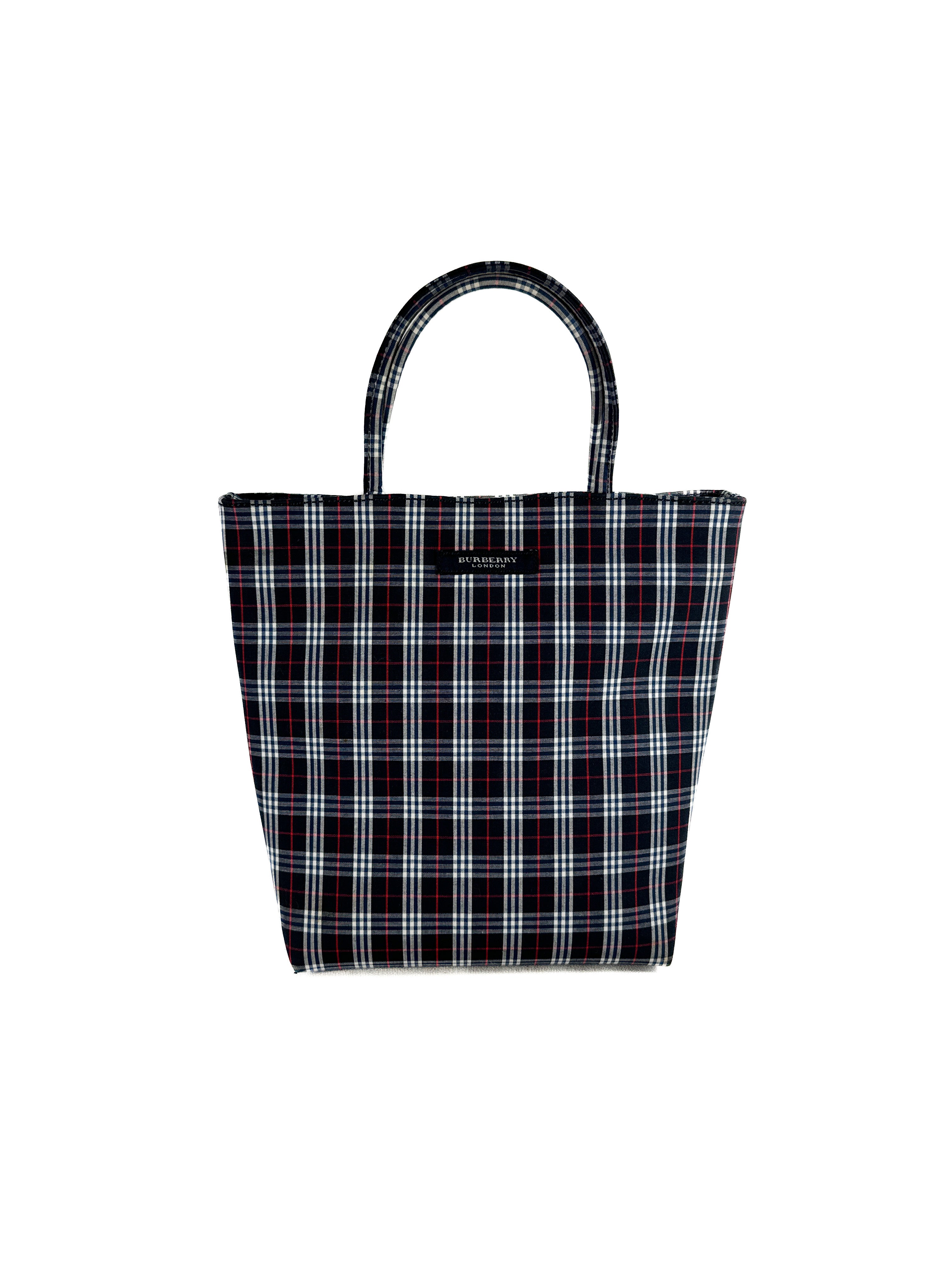 Burberry navy, white, red plaid canvas tote