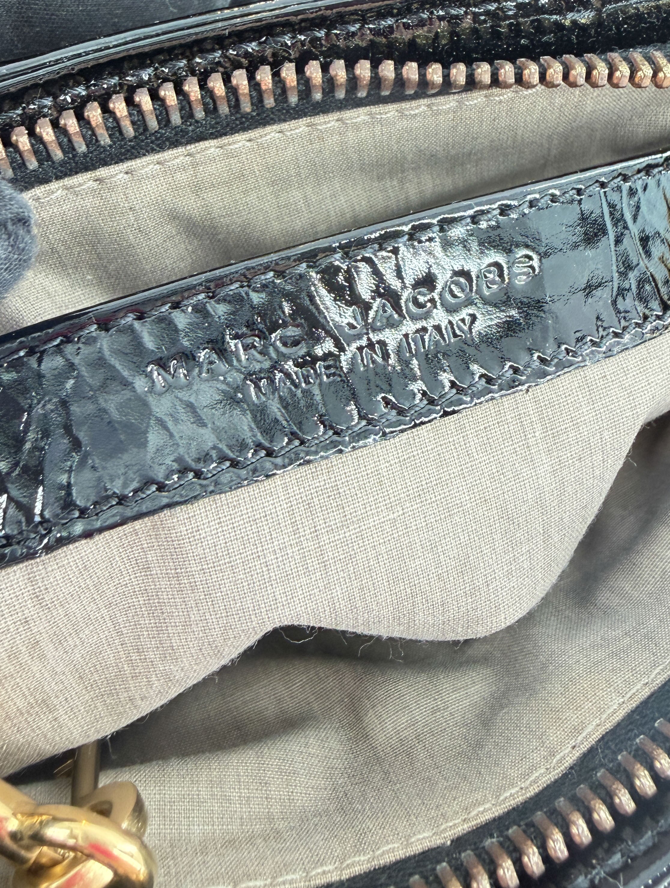 Marc Jacobs black patent leather quilted Mini dual shoulder bag