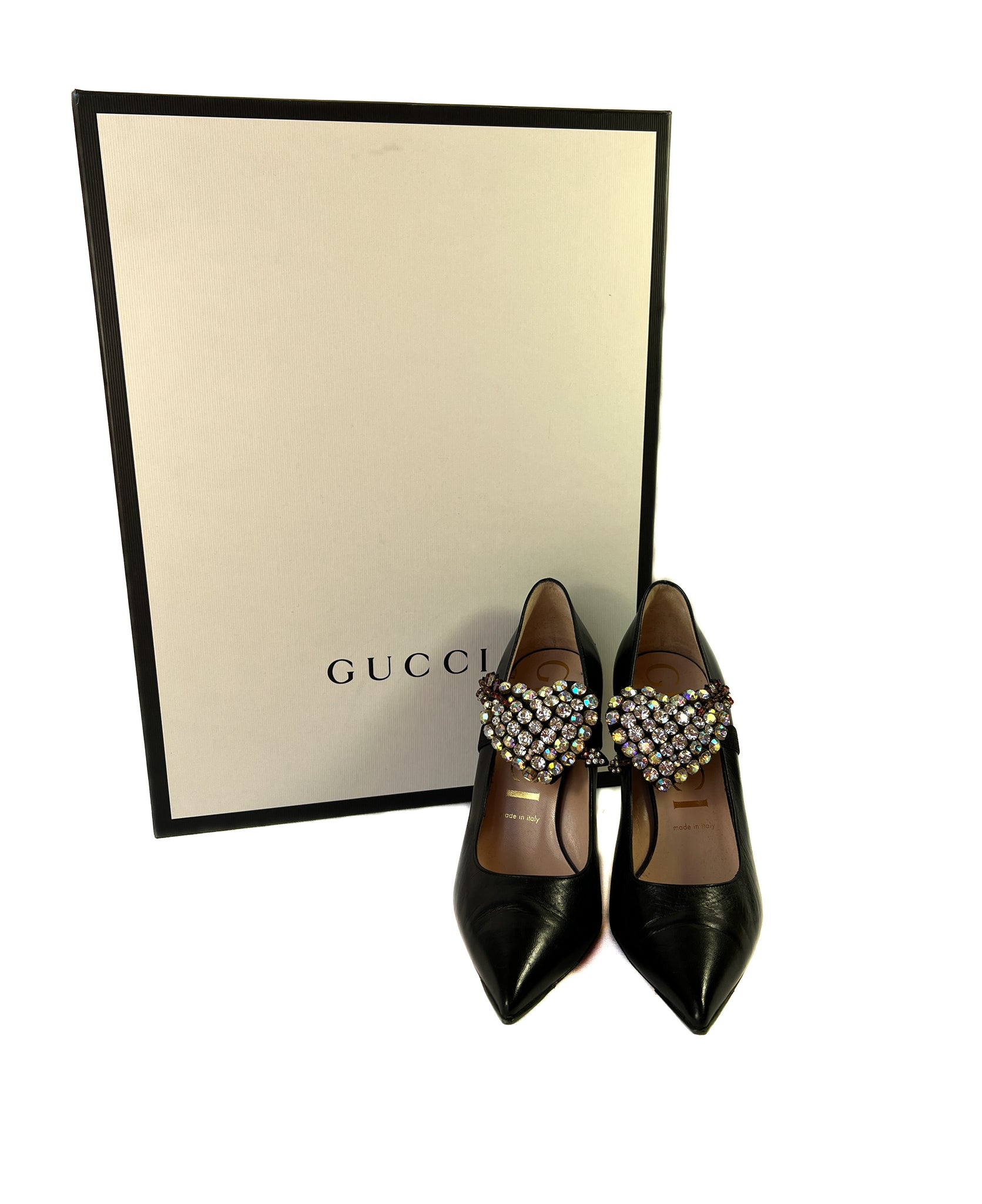 Gucci black leather pumps with removable heart rhinestone band 