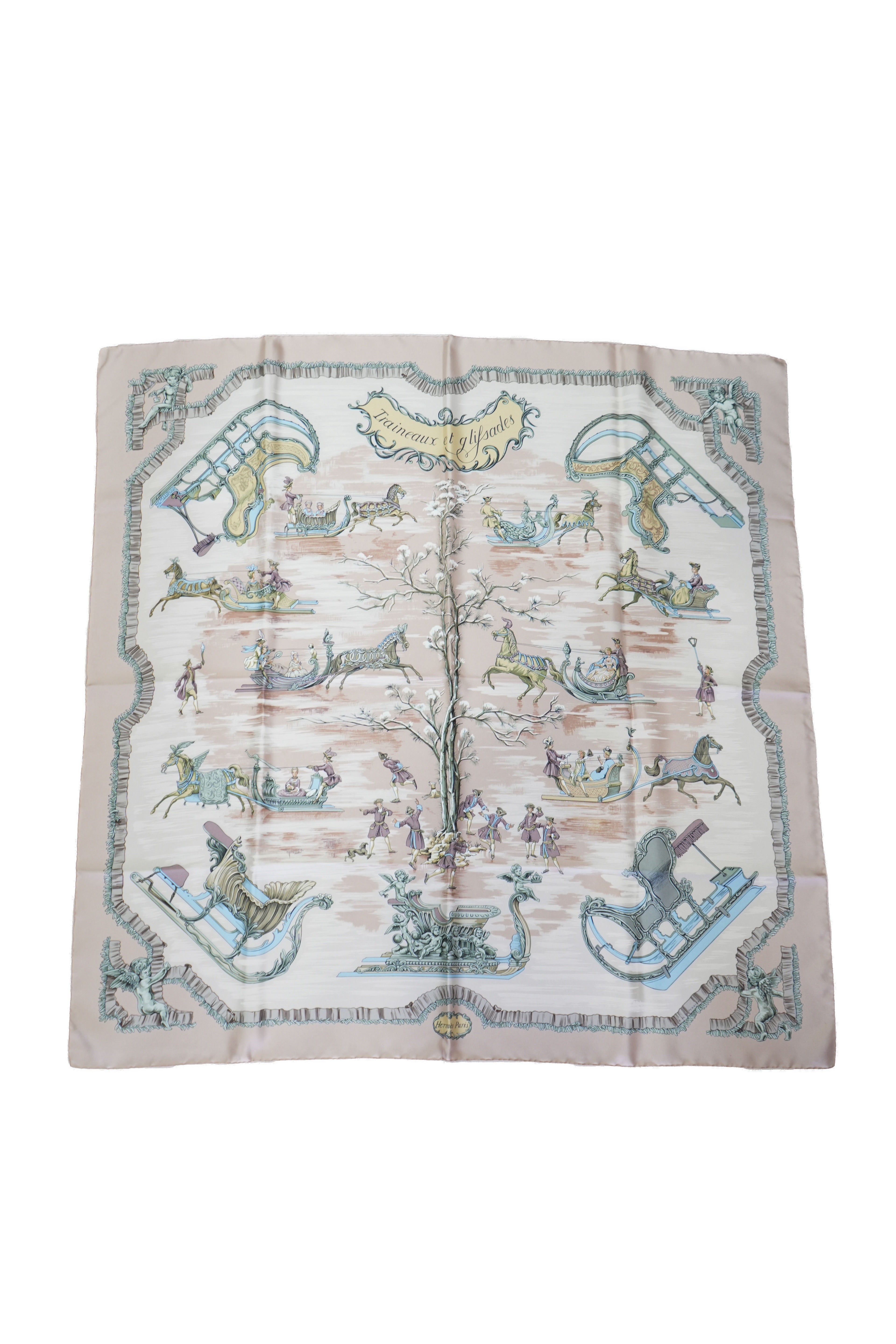 Hermès pink Traineaux et Glissades 90cm silk scarf BOX