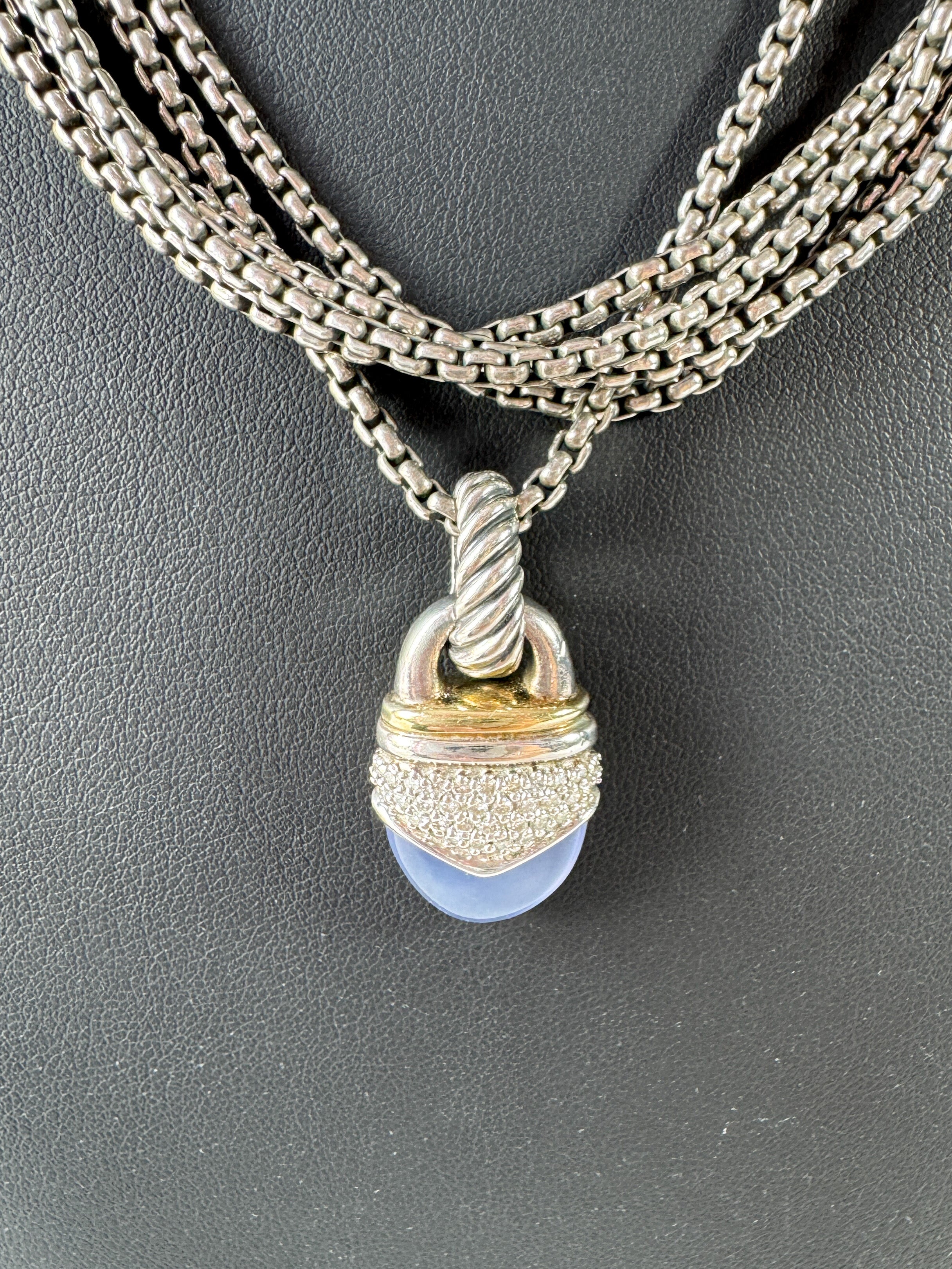 David Yurman sterling silver, 14K gold, Chalcedony & diamond pendant necklace