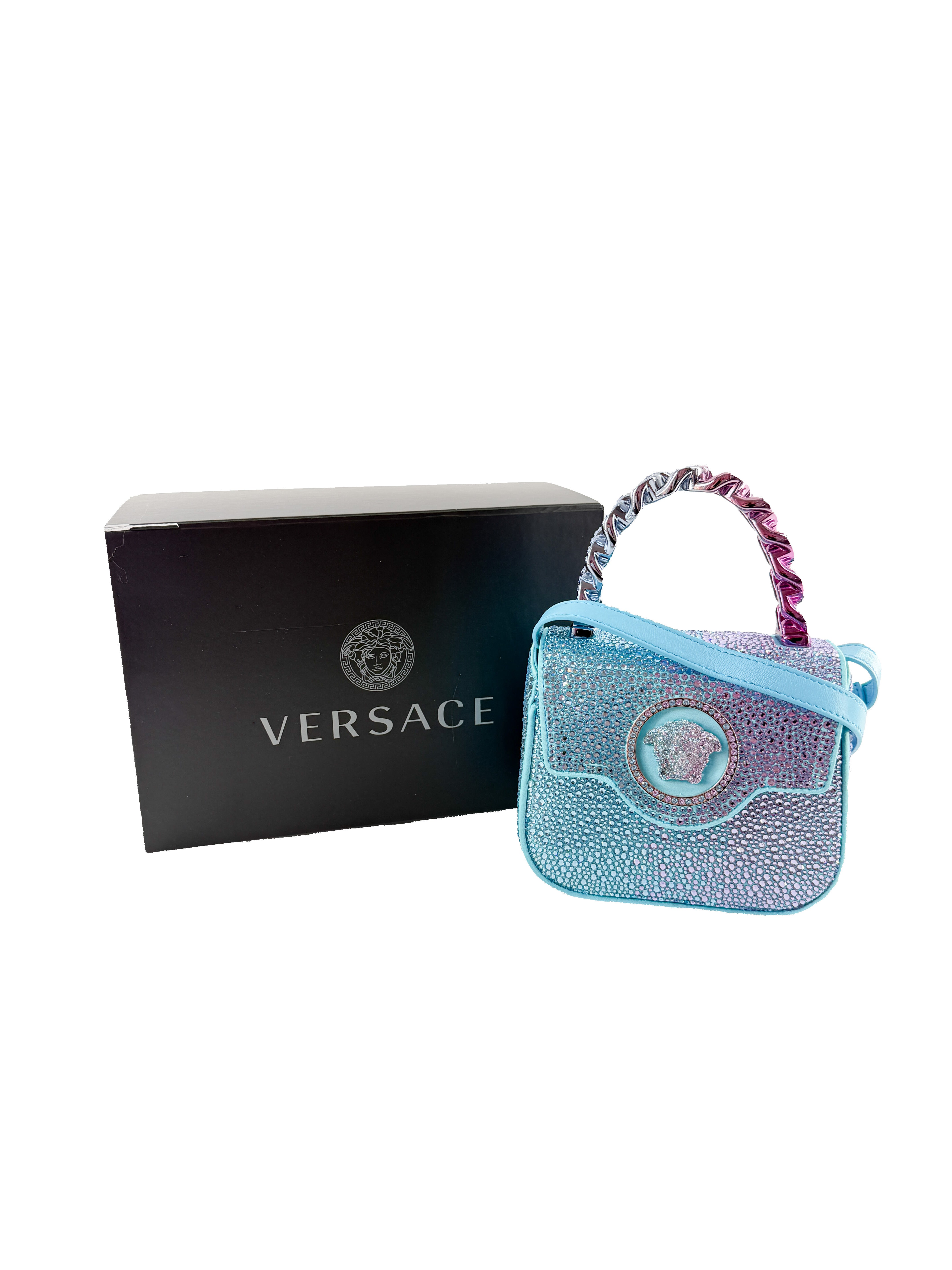 Versace satin crystal studded mini La Medusa bag blue/pink