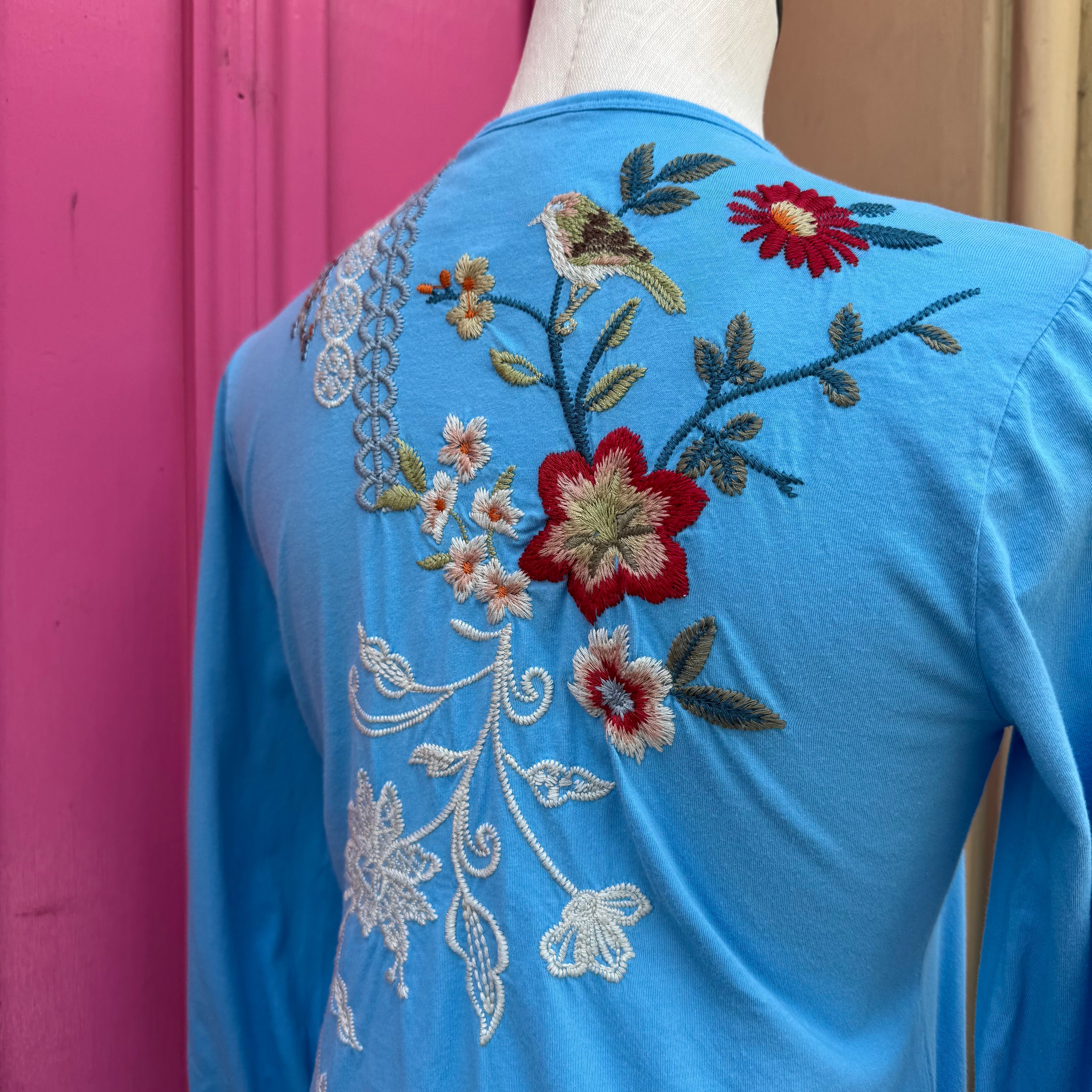 Johnny Was blue embroidered top size XS