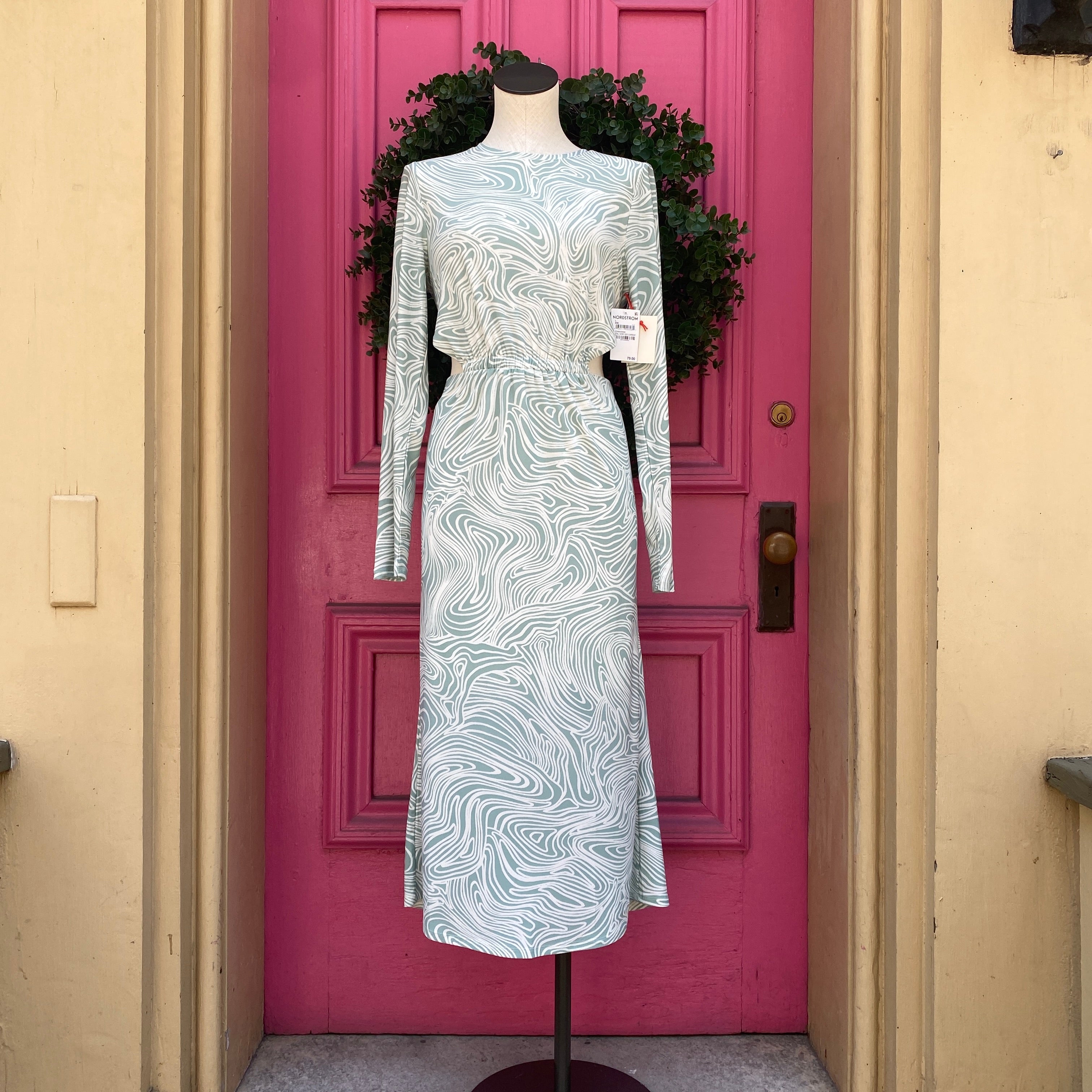 Open Edit teal white long sleeve cutout dress size L NWT