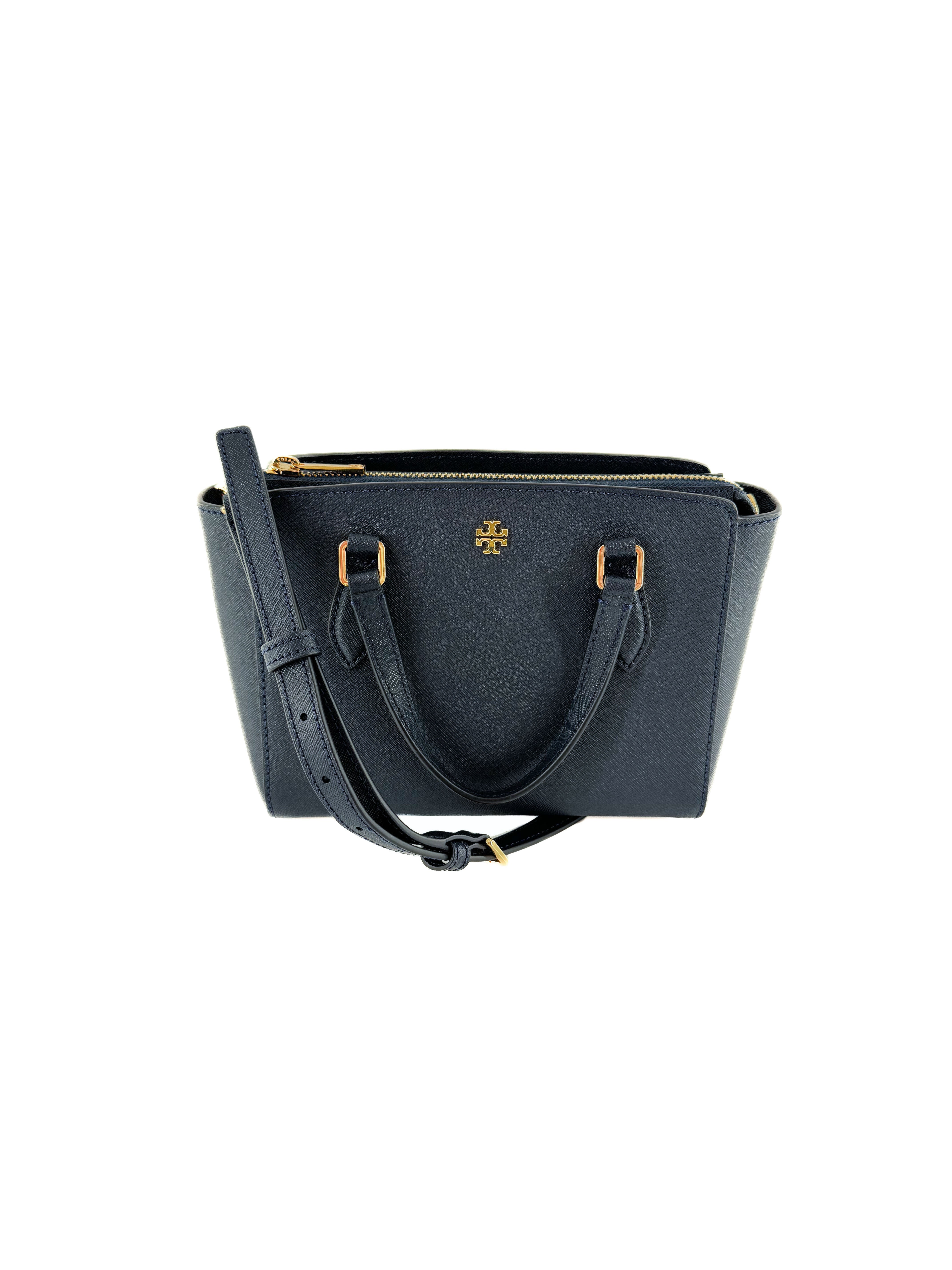 Tory Burch navy leather Emerson mini top zip tote