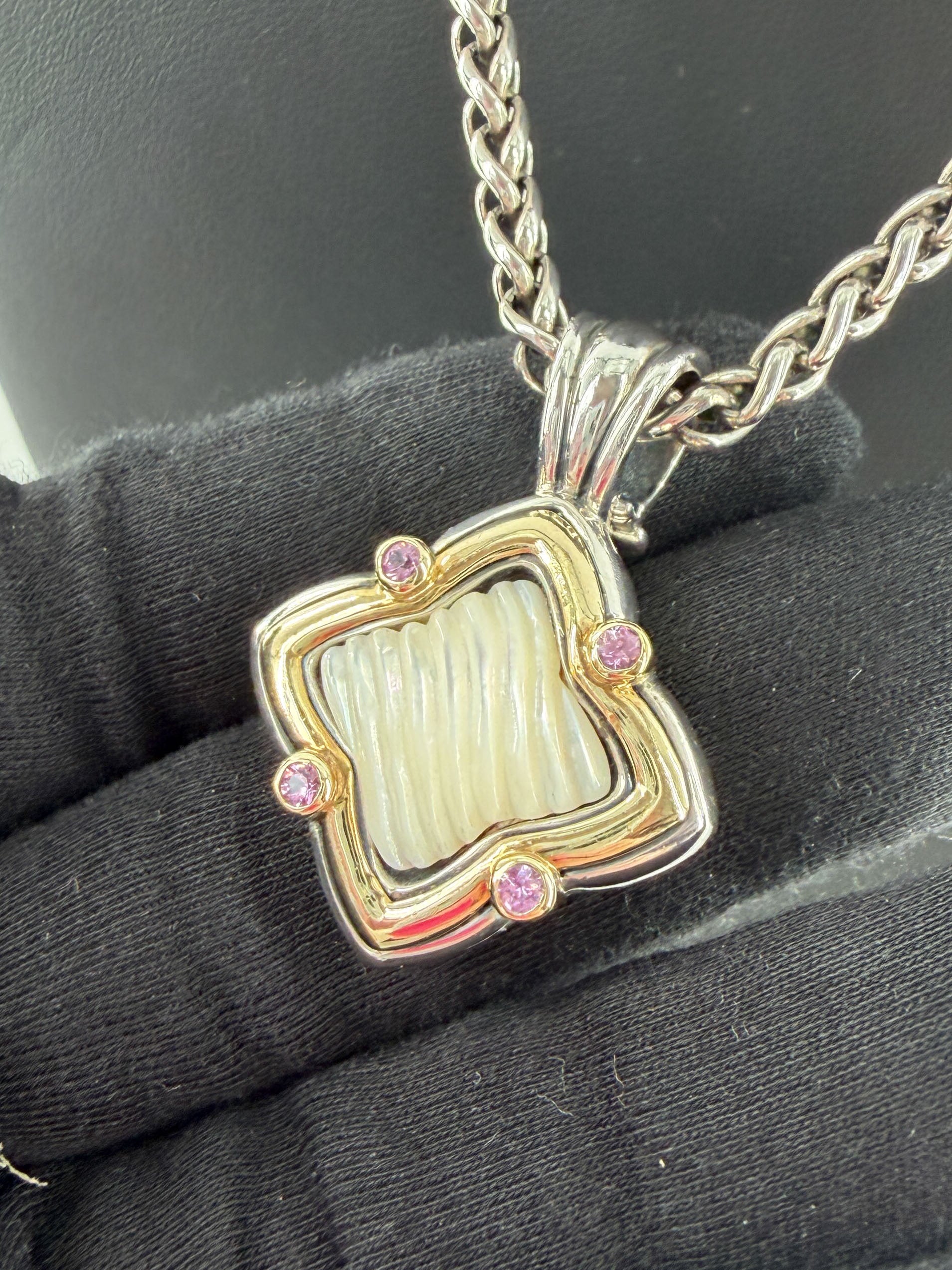David Yurman sterling silver 18k yellow gold pearl, pink sapphires Quatrefoil necklace