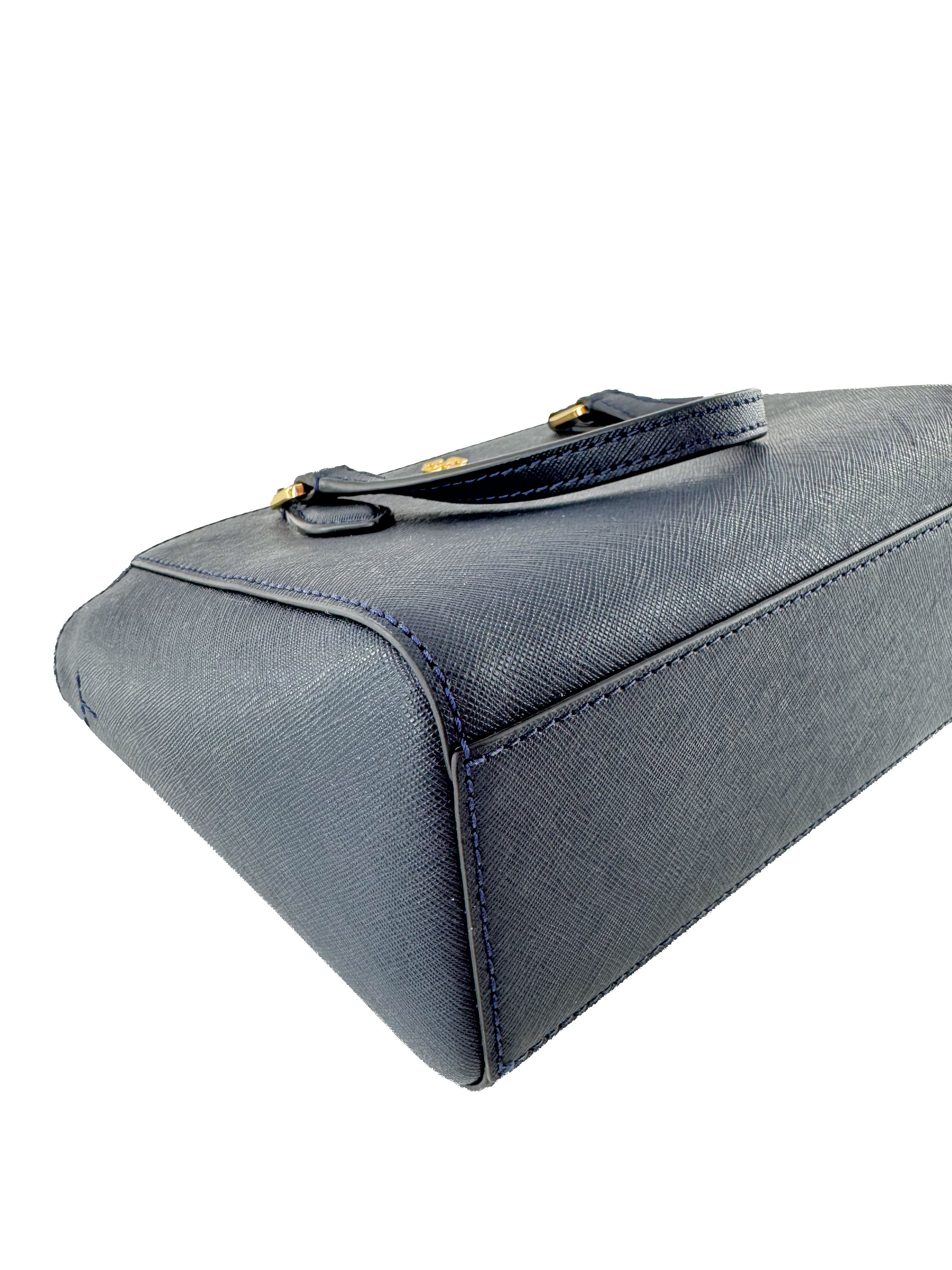 Tory Burch navy leather Emerson mini top zip tote