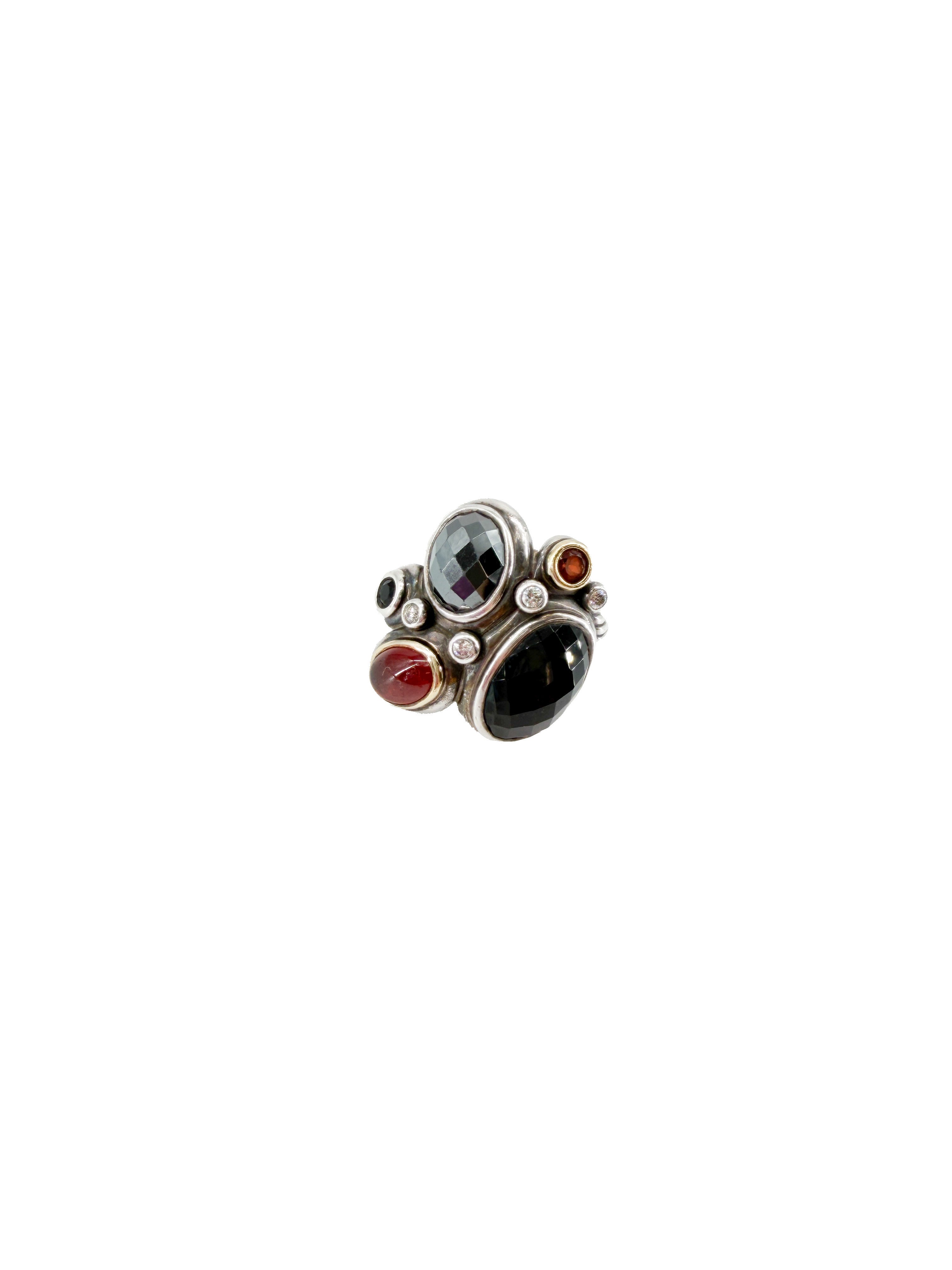 David Yurman sterling silver, yellow gold, Hematite, black onyx, ruby Mosaic ring