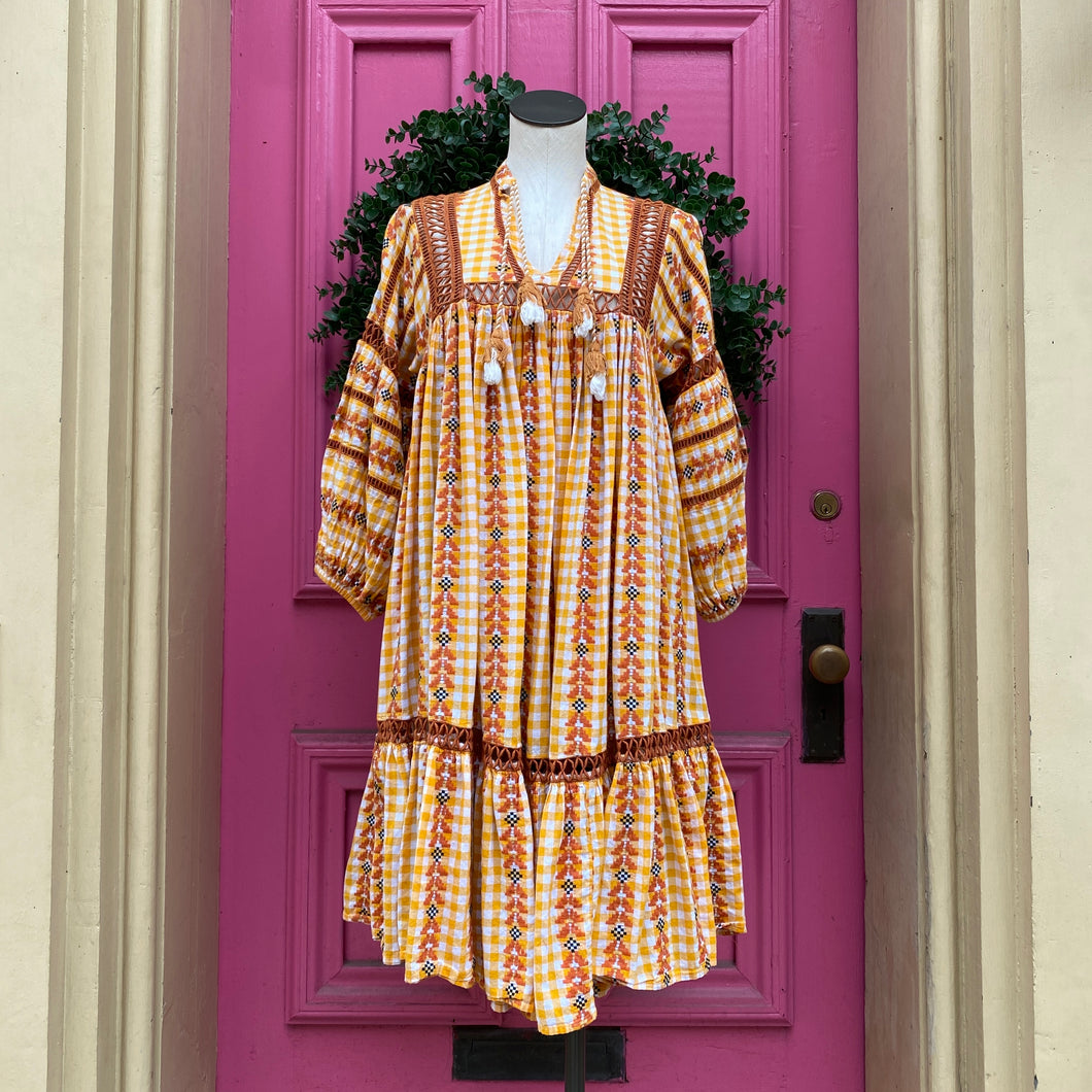 Dodo Bar Or yellow white check dress size M