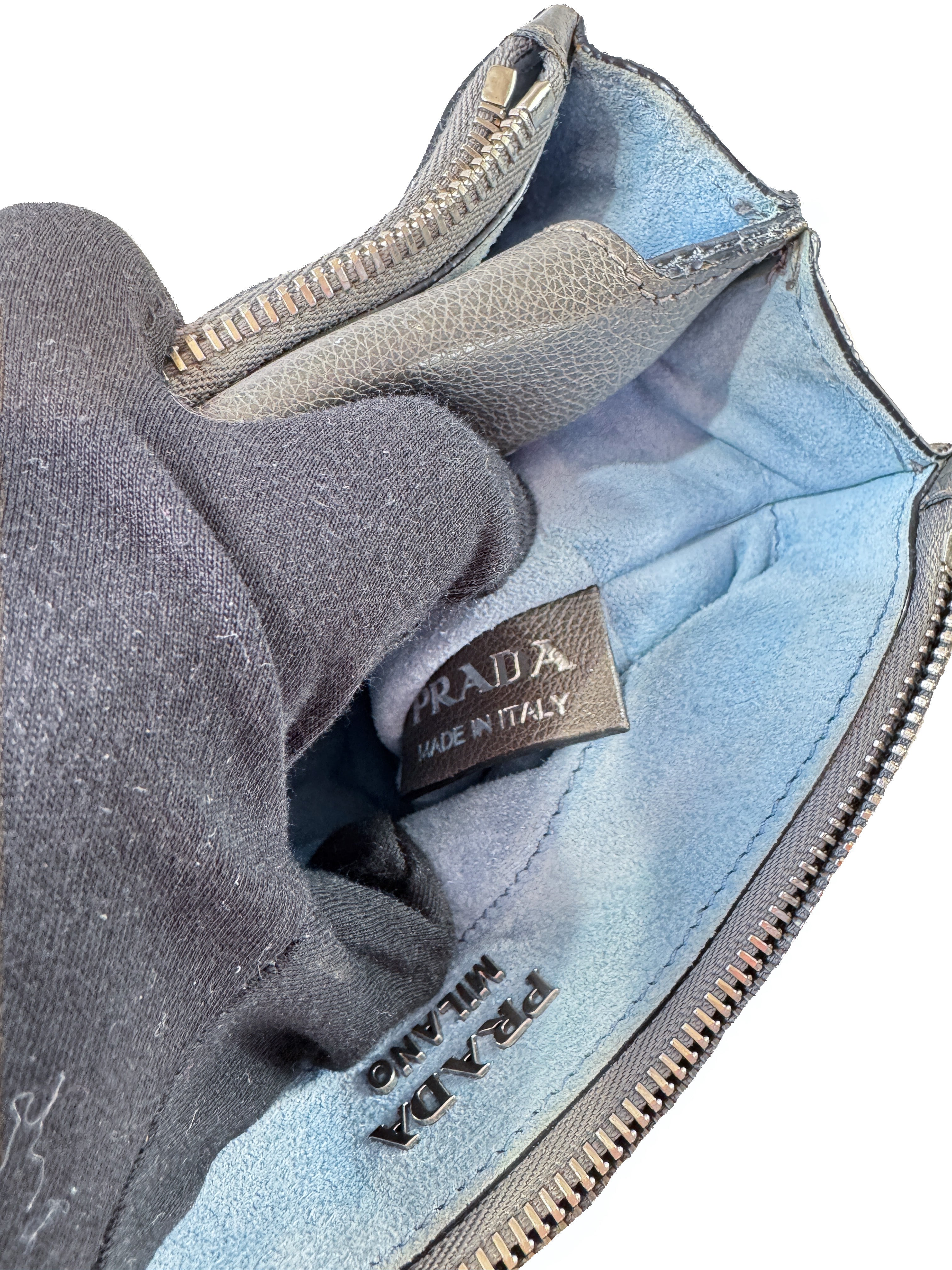 Prada gray leather studded Etiquette crossbody bag