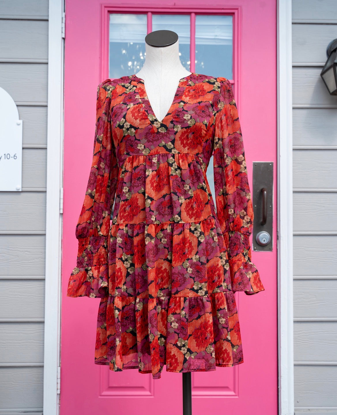 Pomander Place orange purple floral LS dress size M