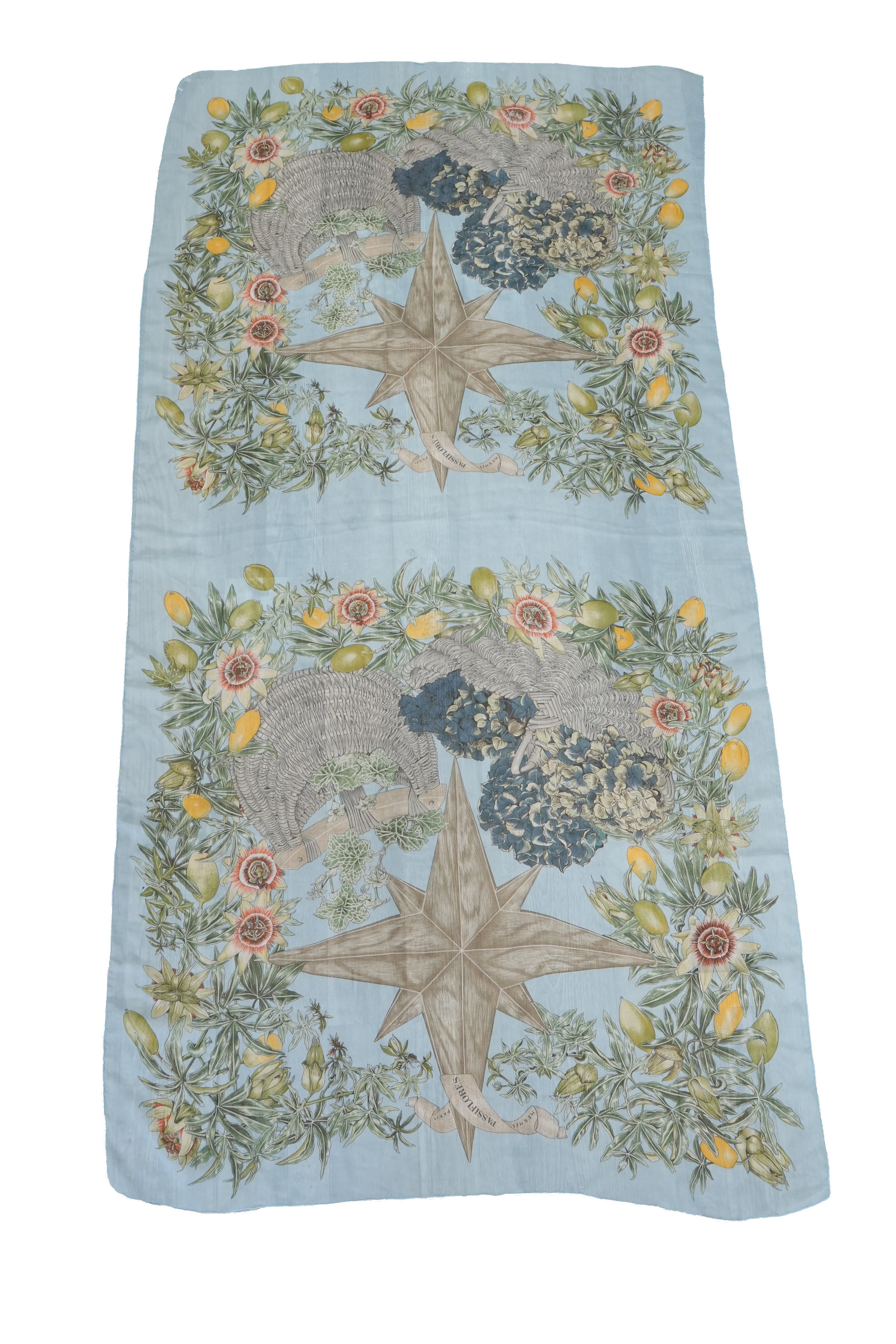 Hermès blue silk Passiflores oblong mousseline shawl