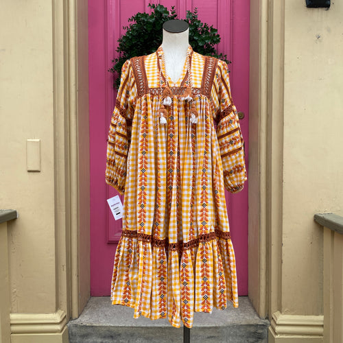 Dodo Bar Or yellow brown check dress size Medium