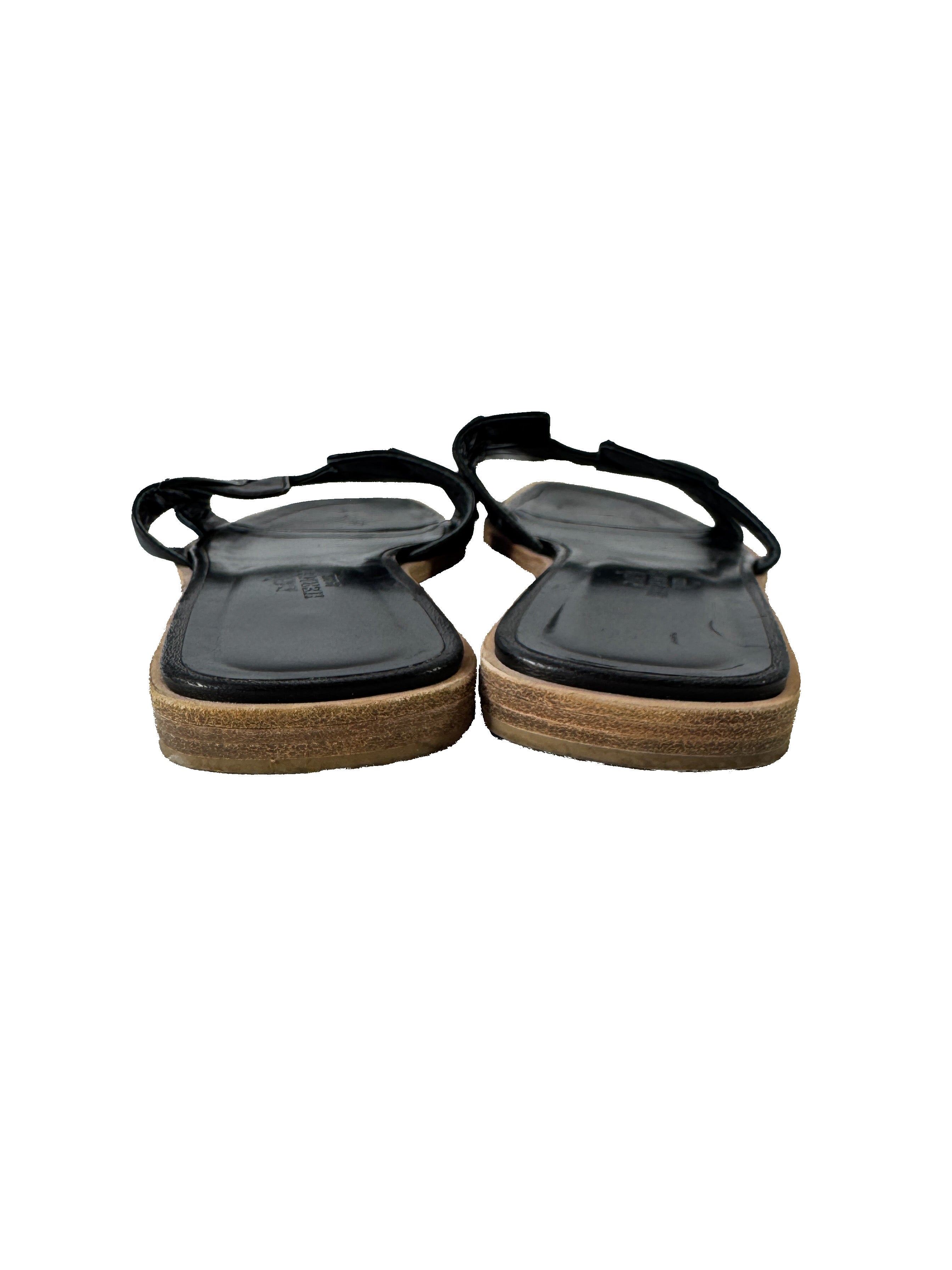 Hermès black leather Laurel Oran sandals size 38