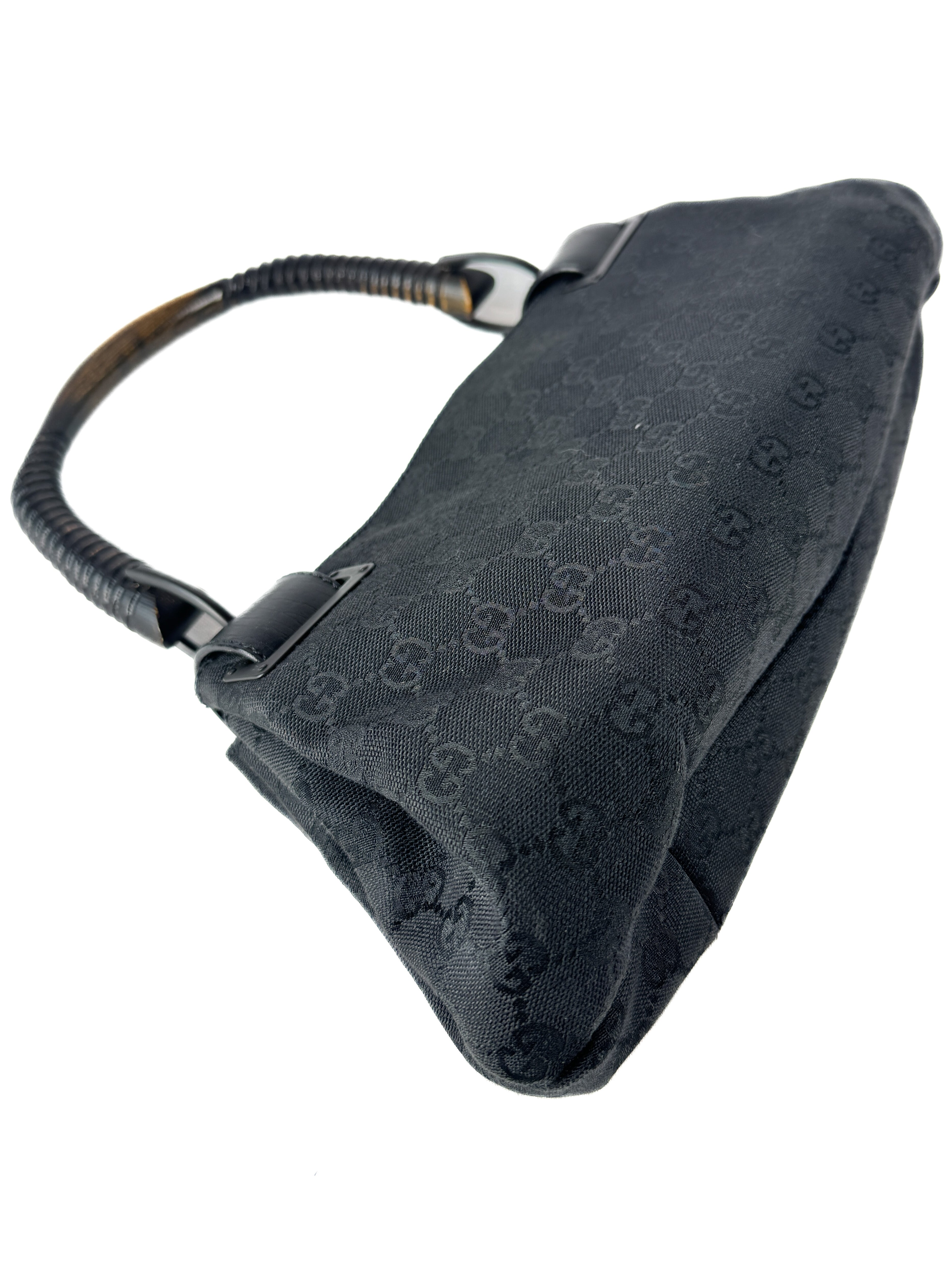 Gucci black leather GG wooden handle bag 112684 3444