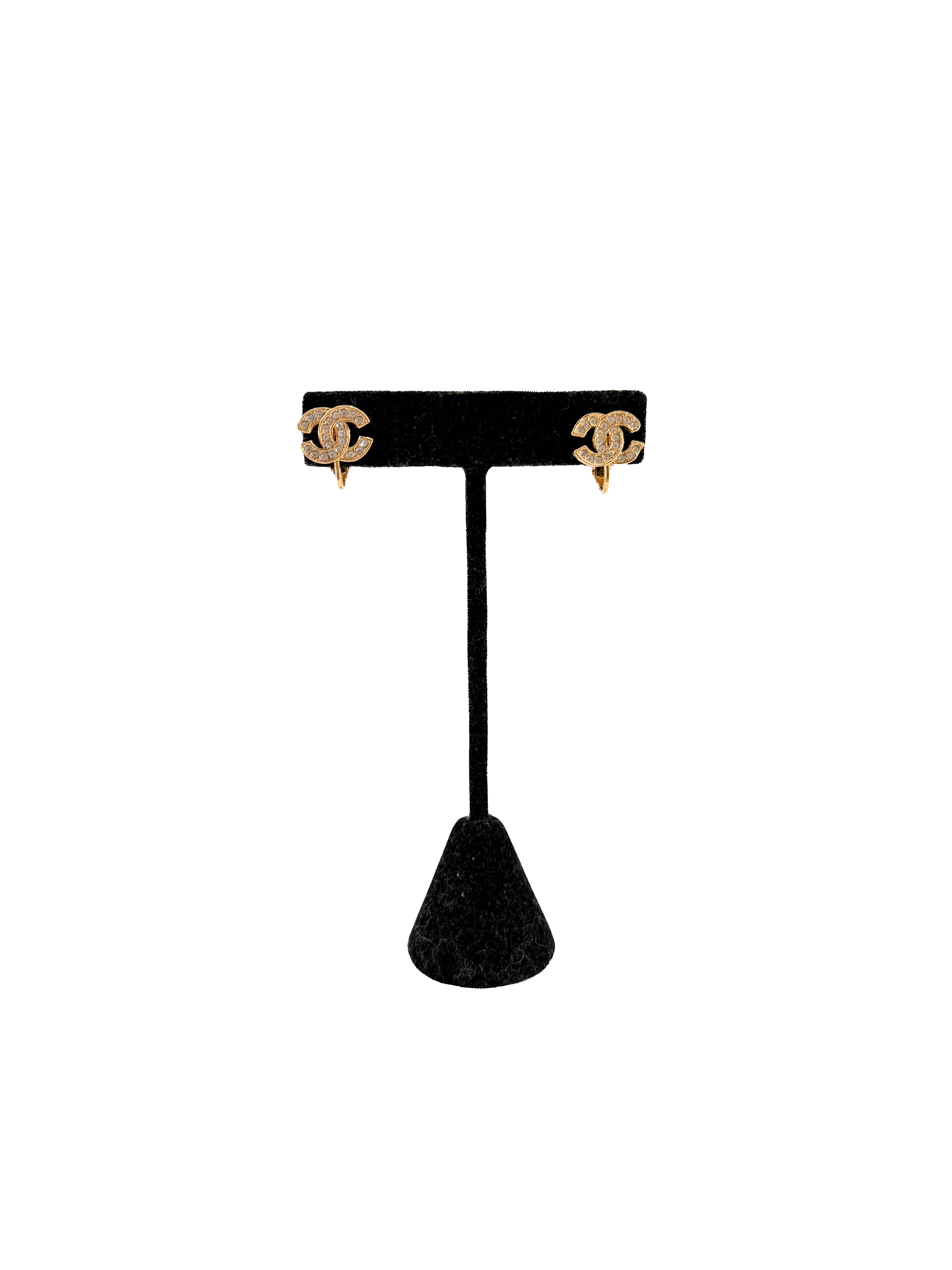 Chanel gold tone crystal CC clip on earrings