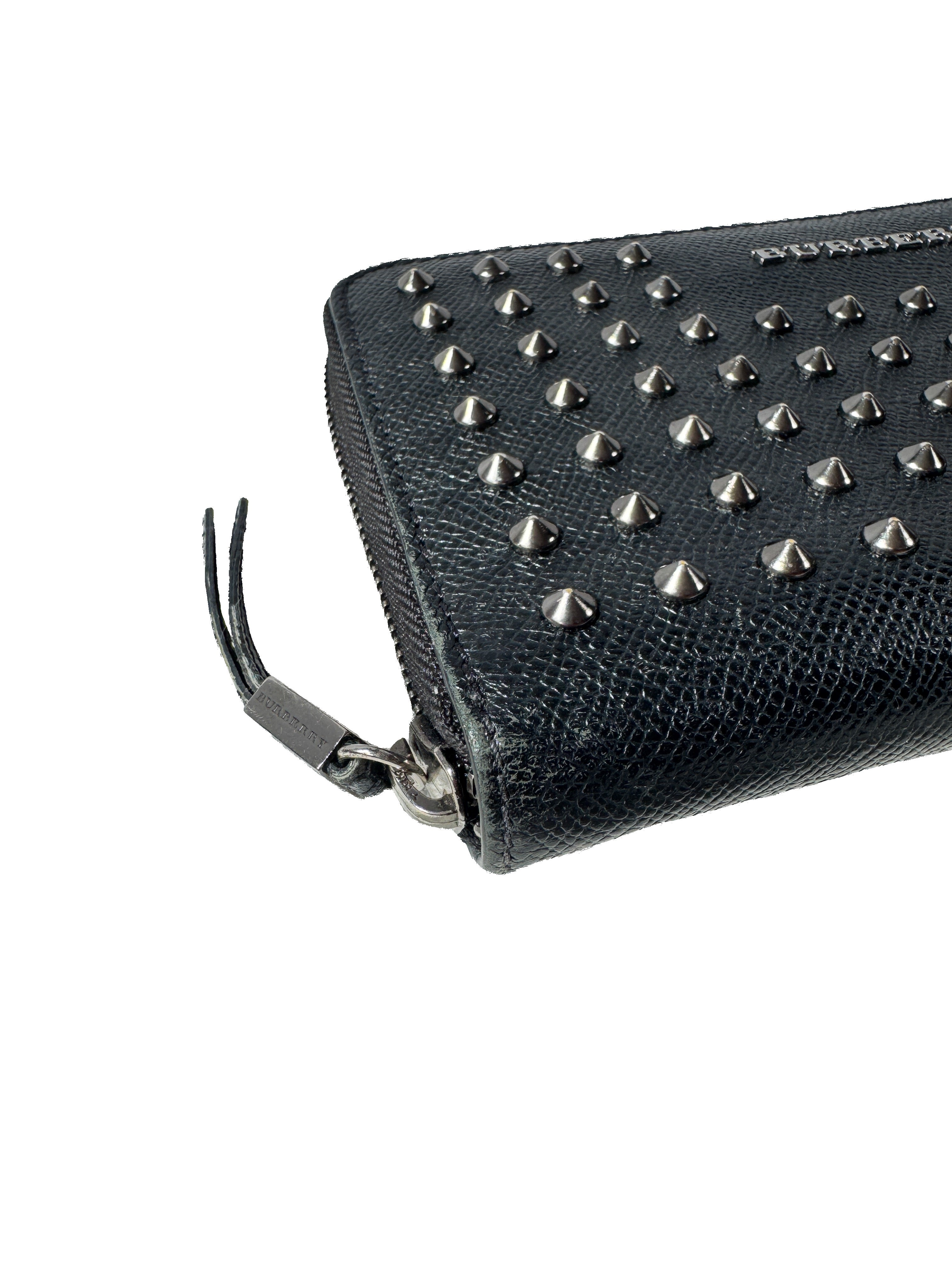 Burberry black leather studded zip around wallet