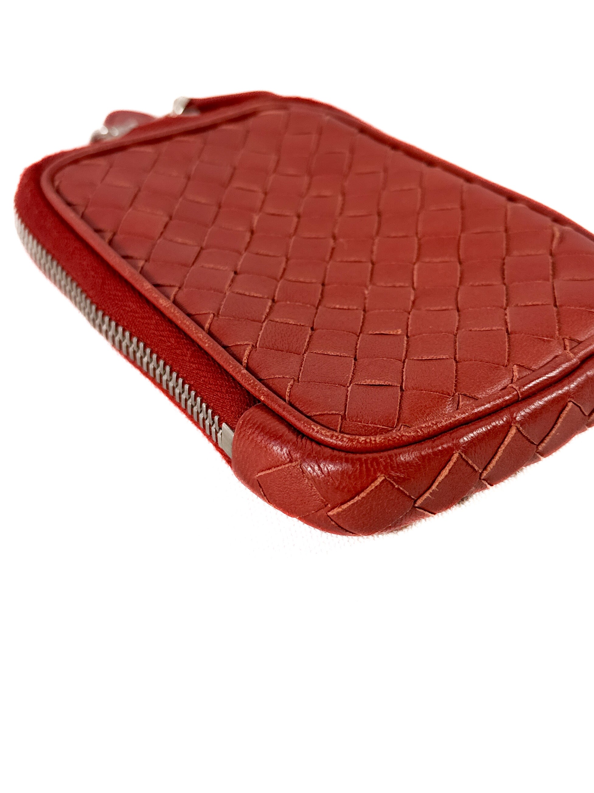 Bottega Veneta red intrecciato leather nano zip tech case lanyard  217589 V001D 6503