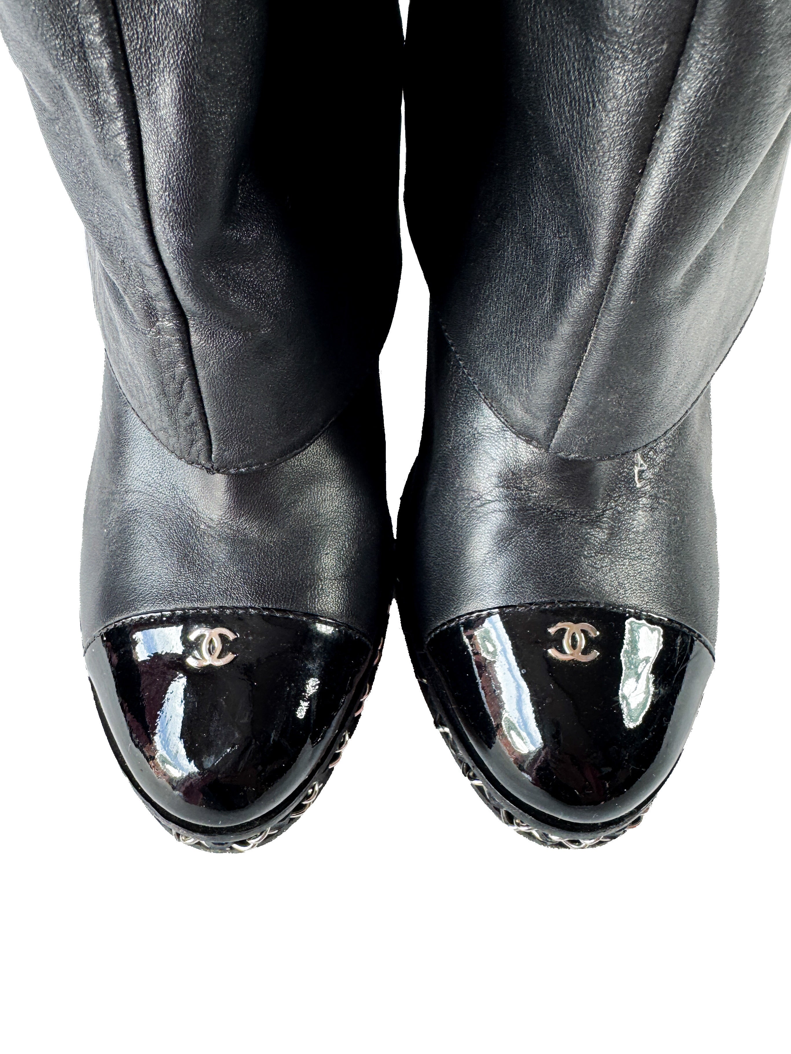 Chanel black leather interlocking CC Ascot knee high boots size 39.5 D