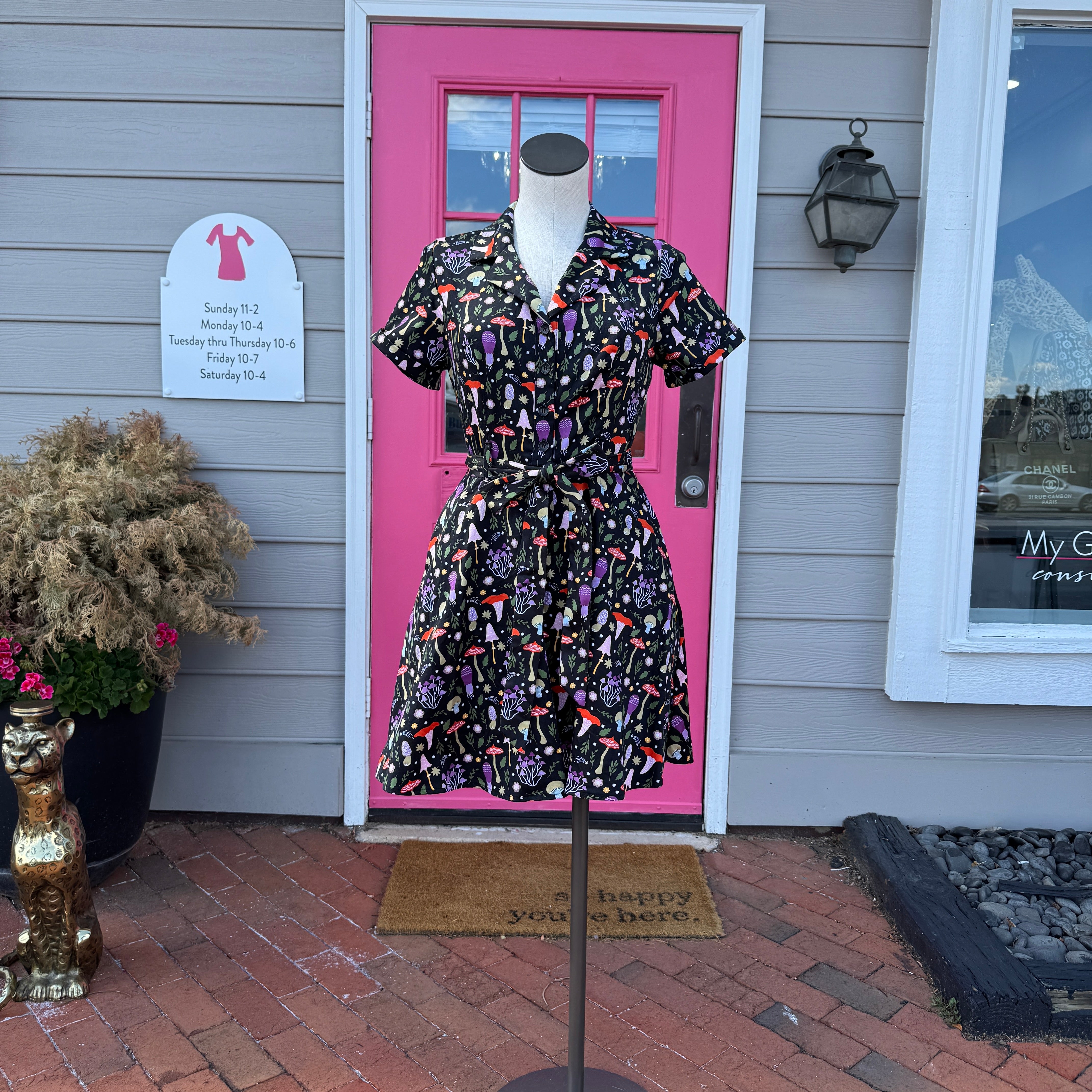 Eva Rose black multicolor mushroom print short sleeve dress size M
