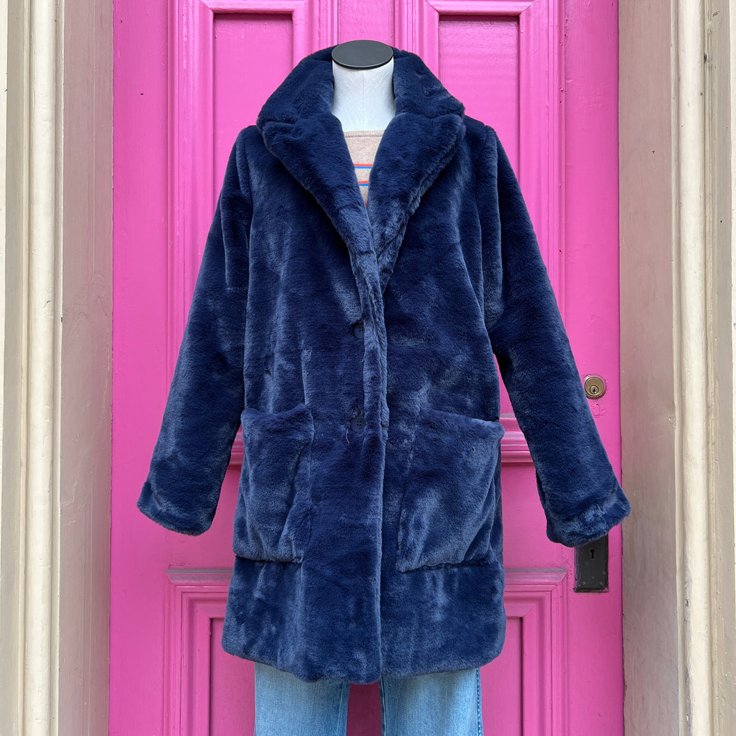 Berenice navy faux fur jacket size L NWT
