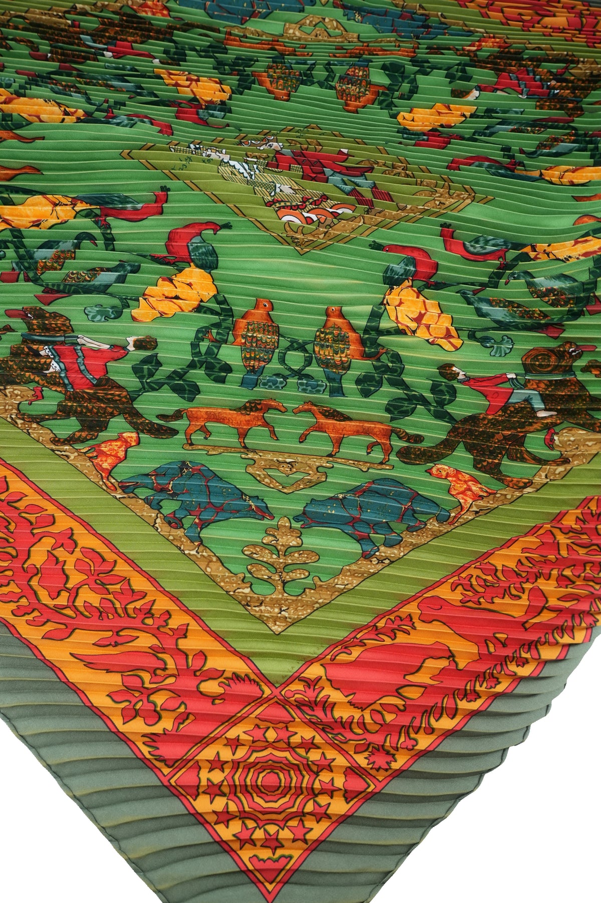 Hermès Early America green/orange plisse silk scarf