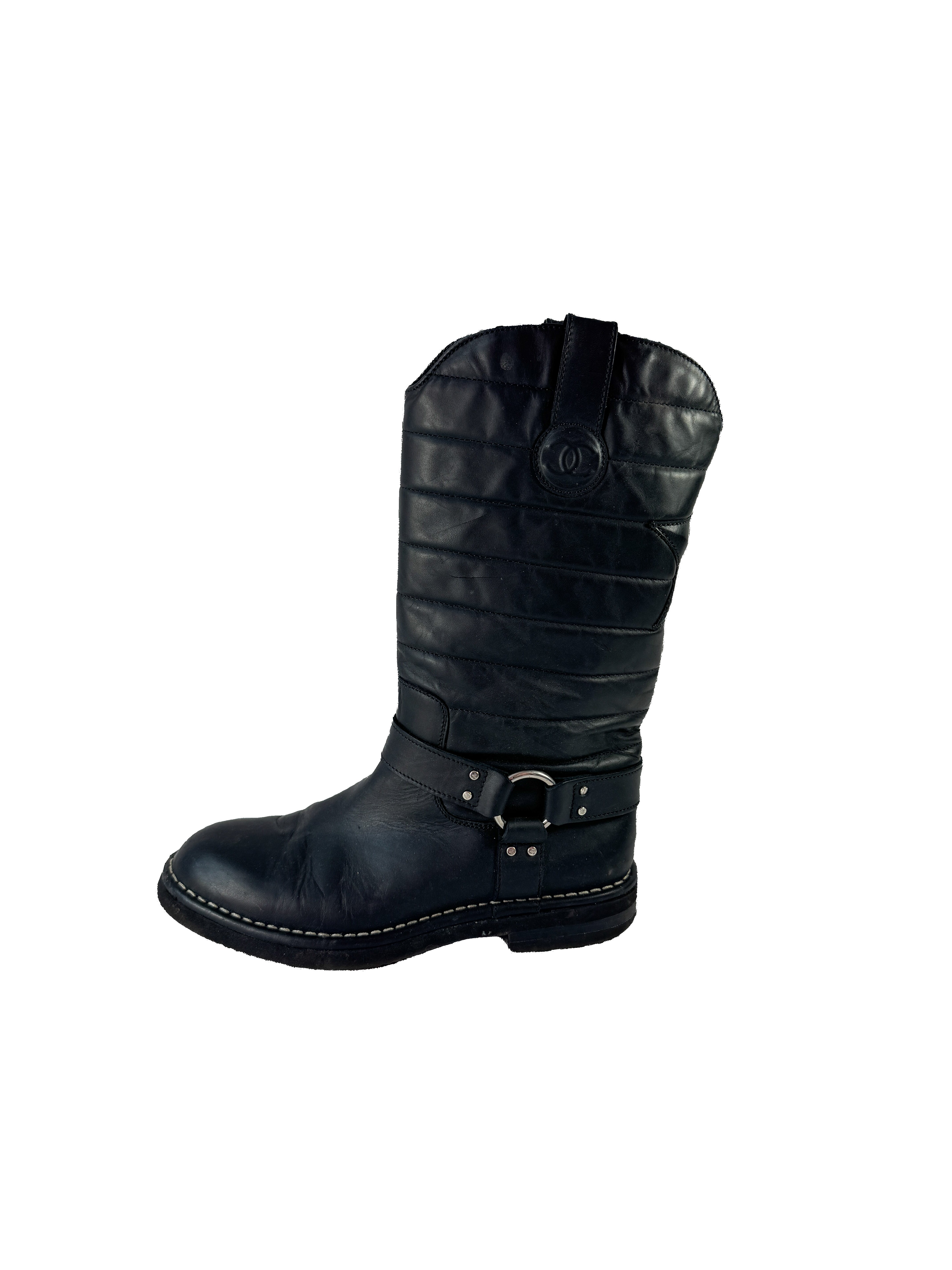 Chanel black Oily Calfskin Star Quilted Biker Boots 38.5 IG30209 *as is*