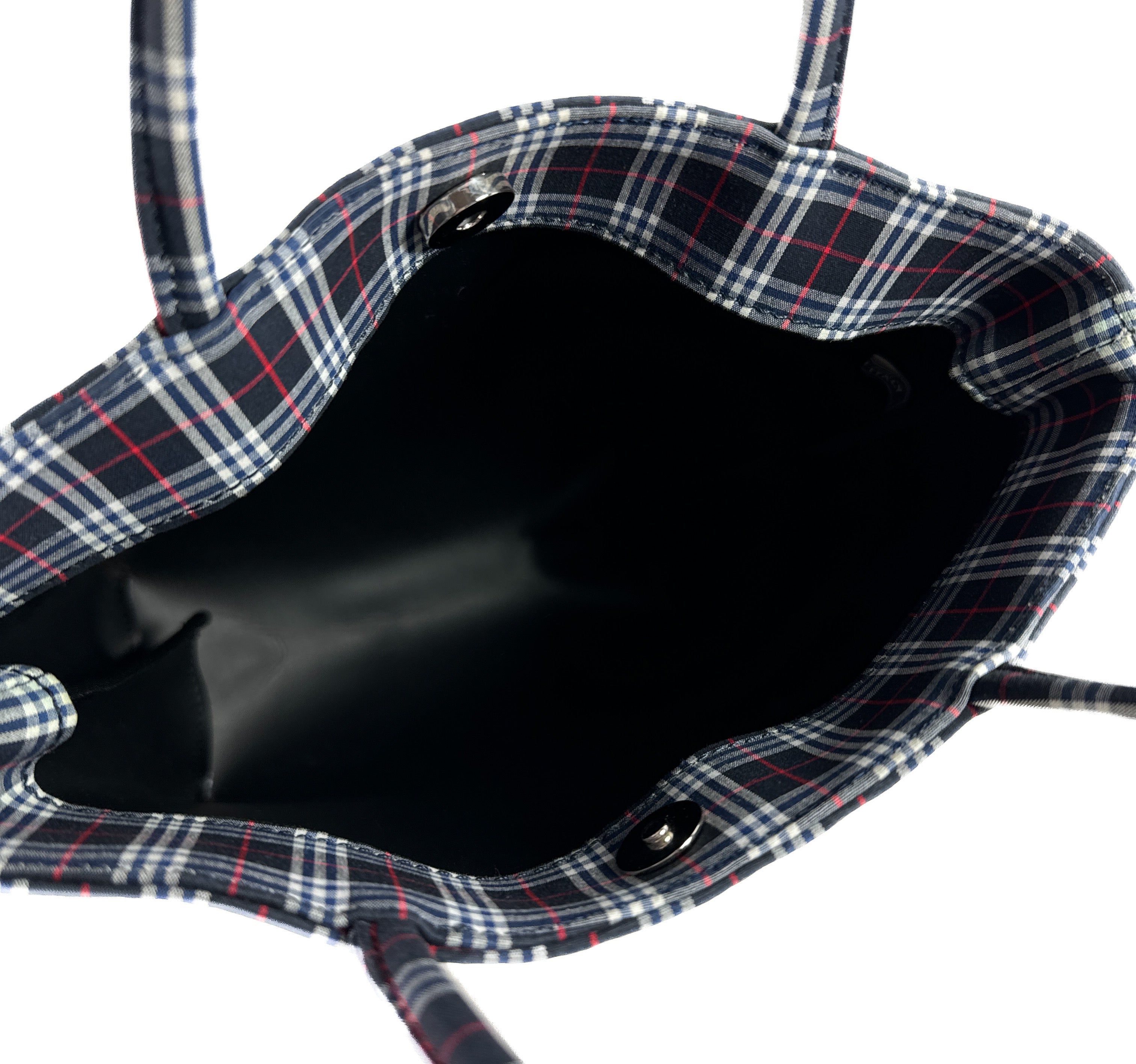 Burberry navy, white, red plaid canvas tote