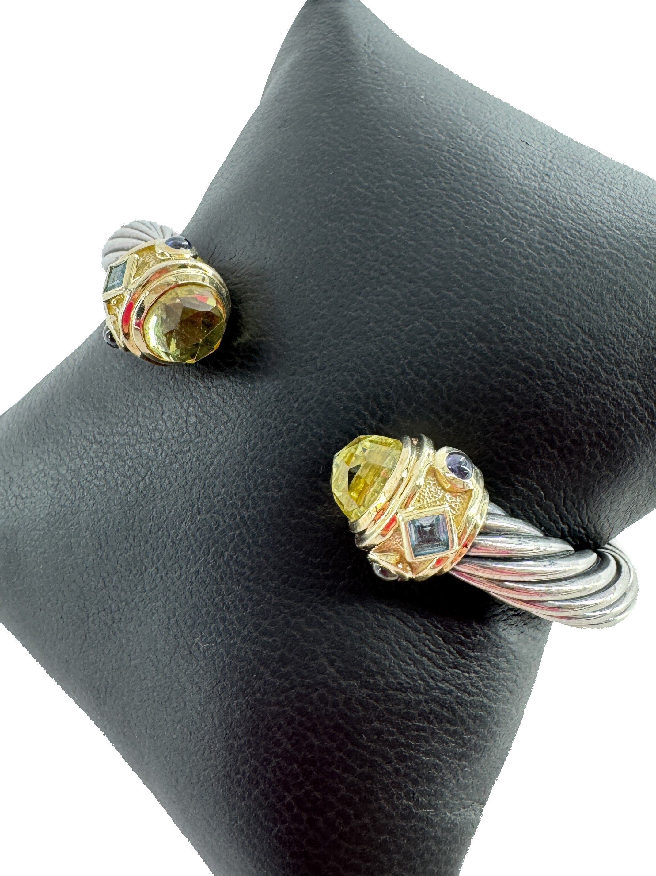 David Yurman sterling silver, yellow gold, peridot, blue topaz renaissance cuff 7MM