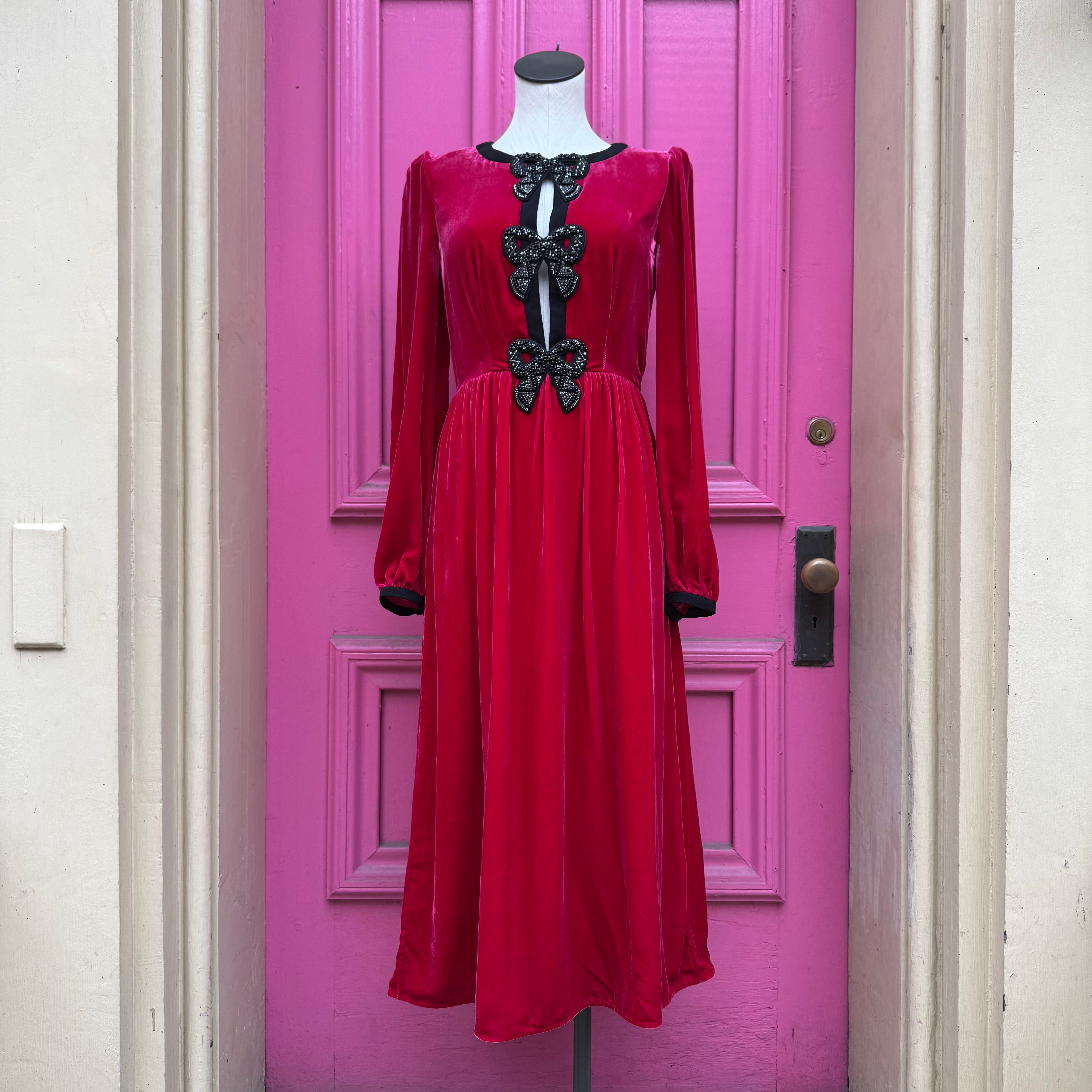 Saloni pink velvet Camille bow long sleeve dress size 4 retail $795