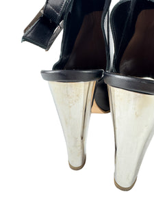 Hermès black leather heeled peep toe booties size 36.5