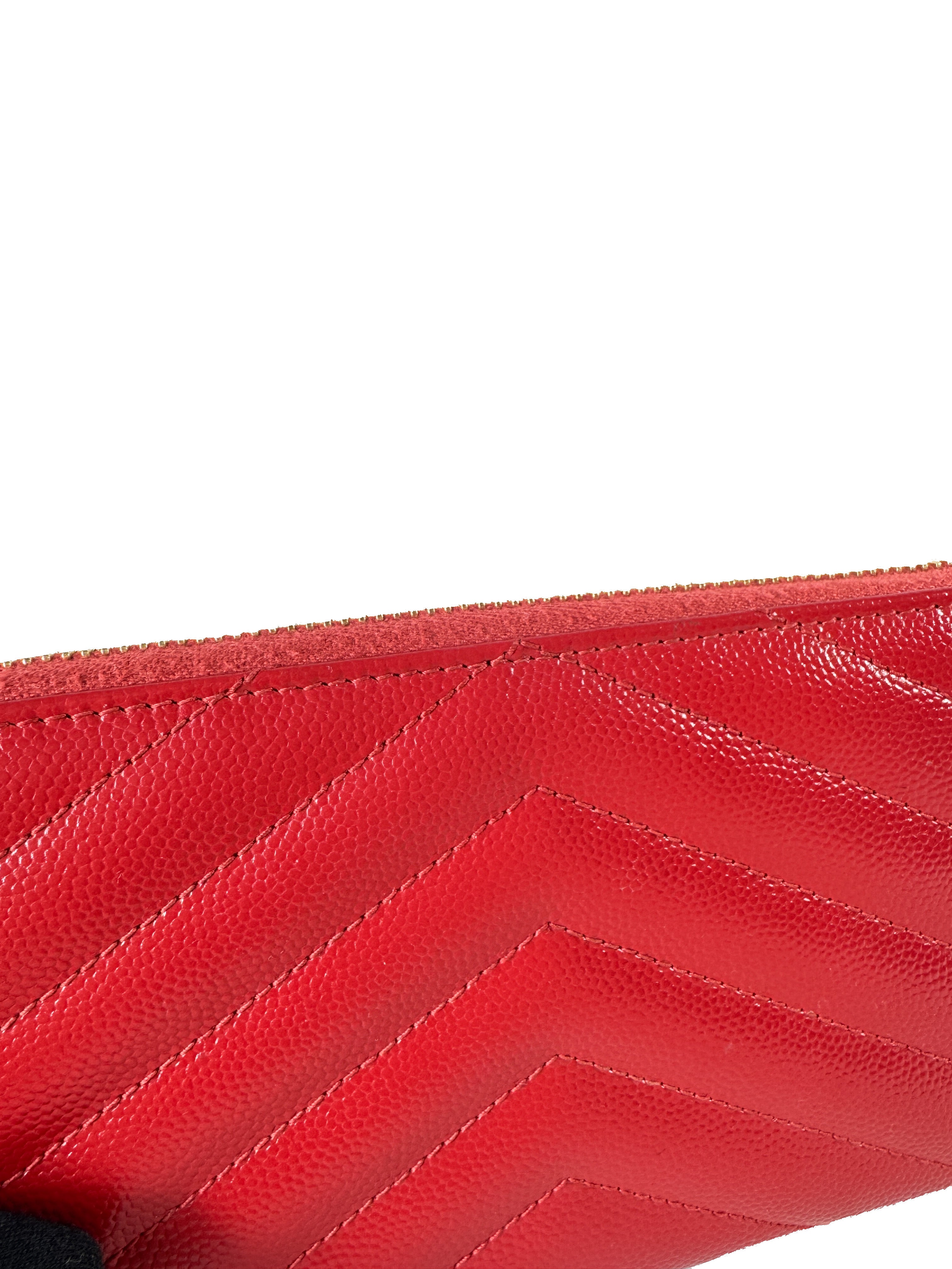 Saint Laurent red grain de poudre matelasse chevon monogram zip around wallet INN3580941118