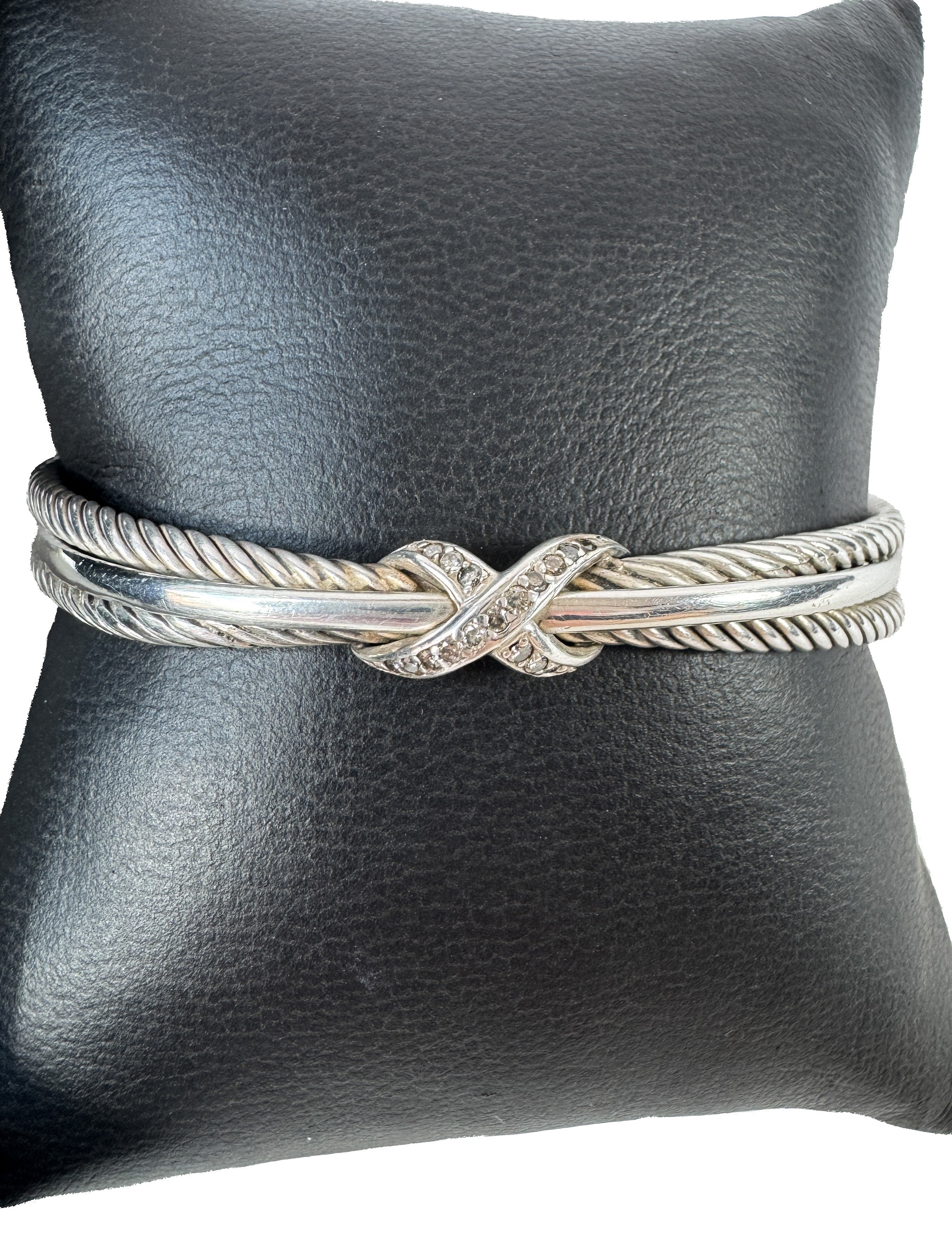 David Yurman sterling silver & diamonds crossover X cuff cable bangle current retail $975
