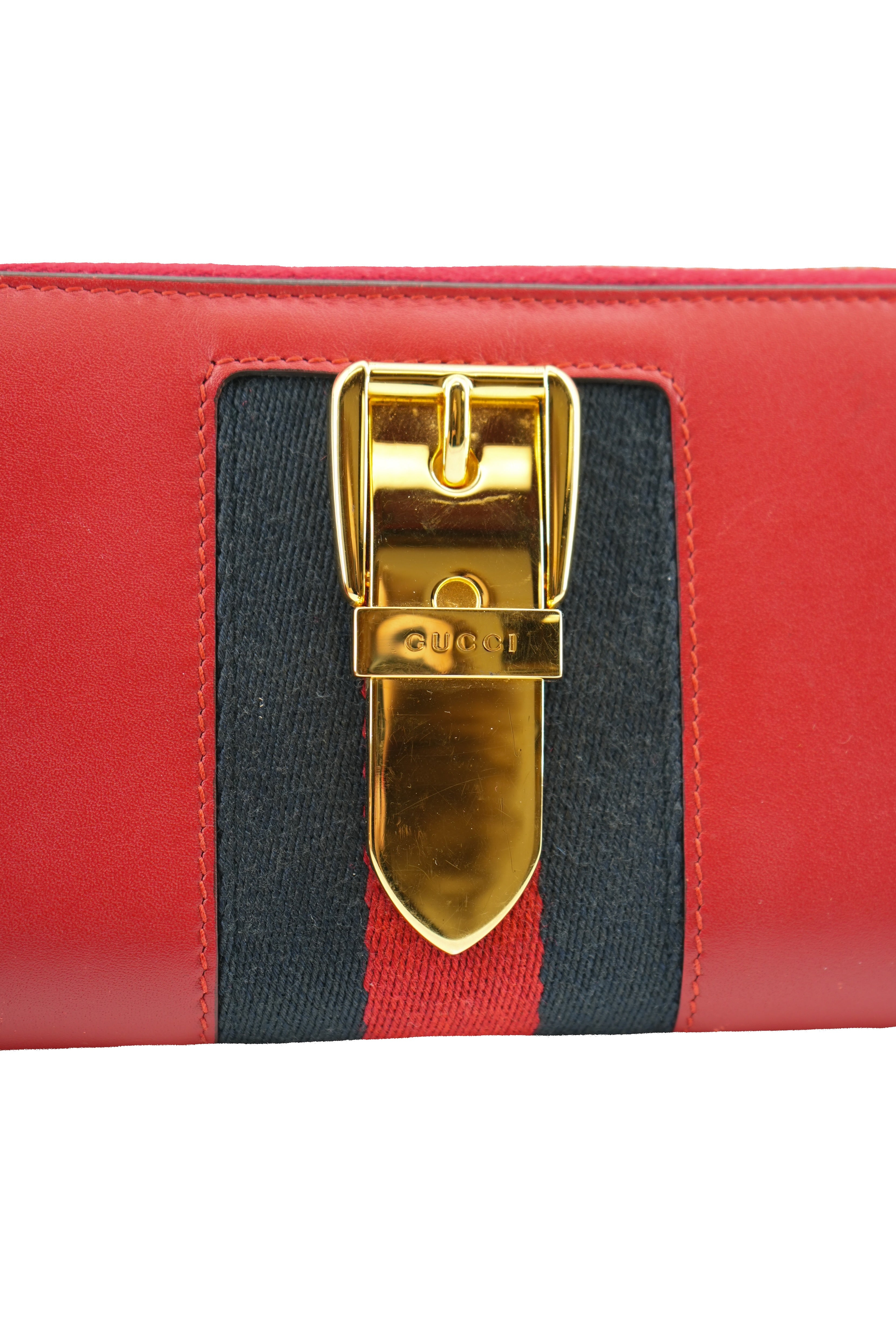 Gucci red leather buckle Sylvie zip around wallet 176083-2062