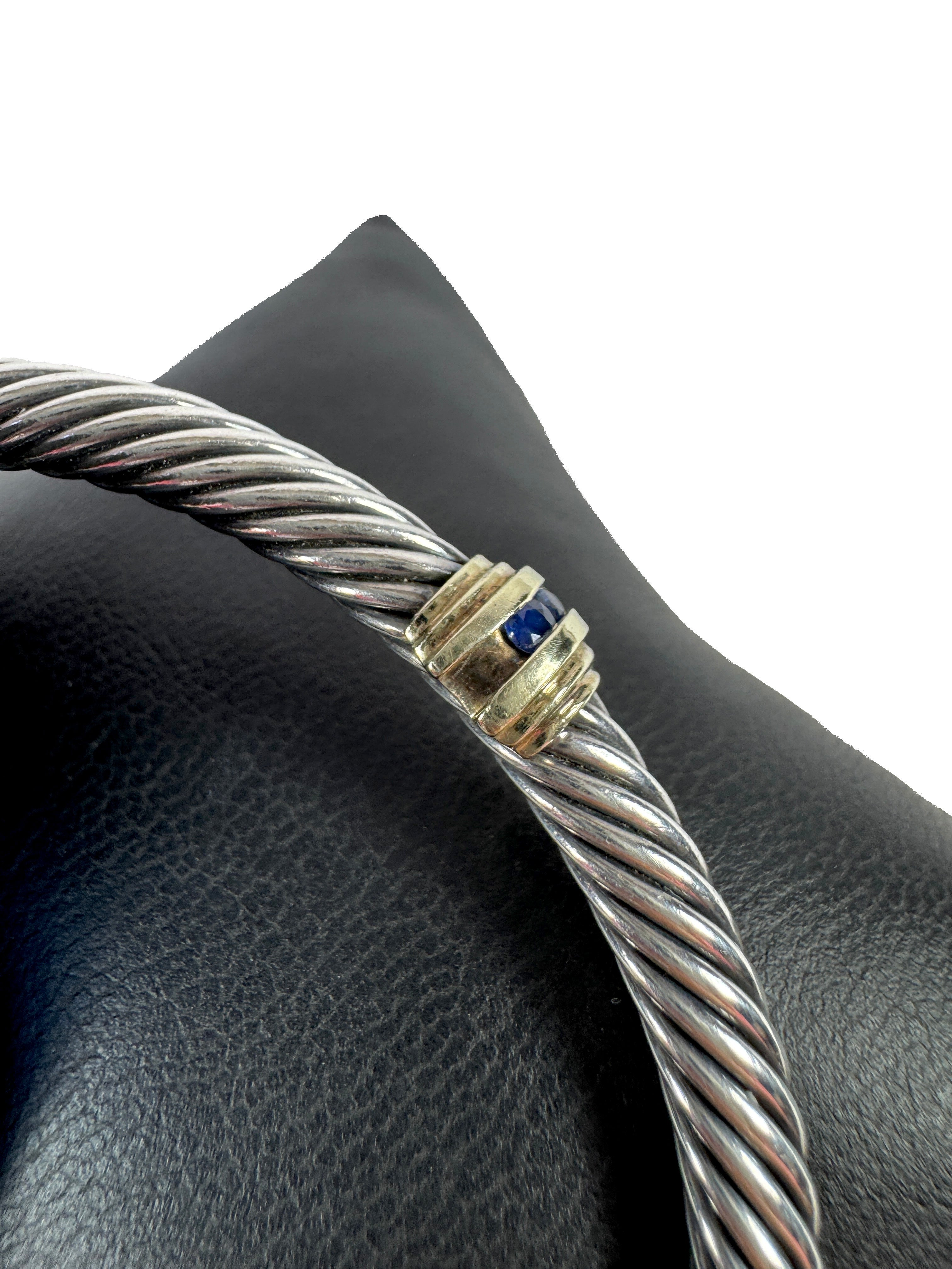 David Yurman sterling silver, 14k gold, blue sapphires cable bracelet