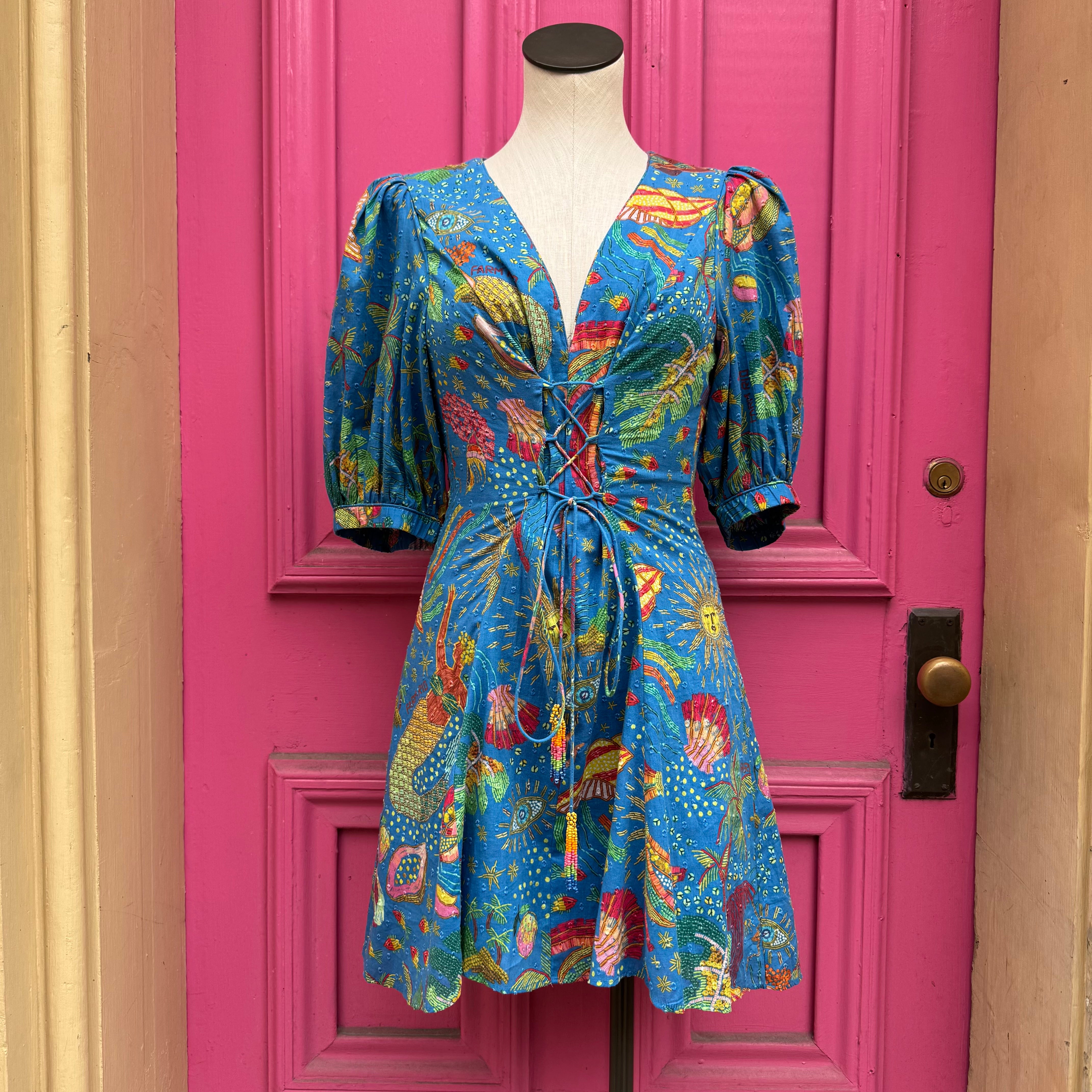 FARM RIO blue multicolor short sleeve dress size S