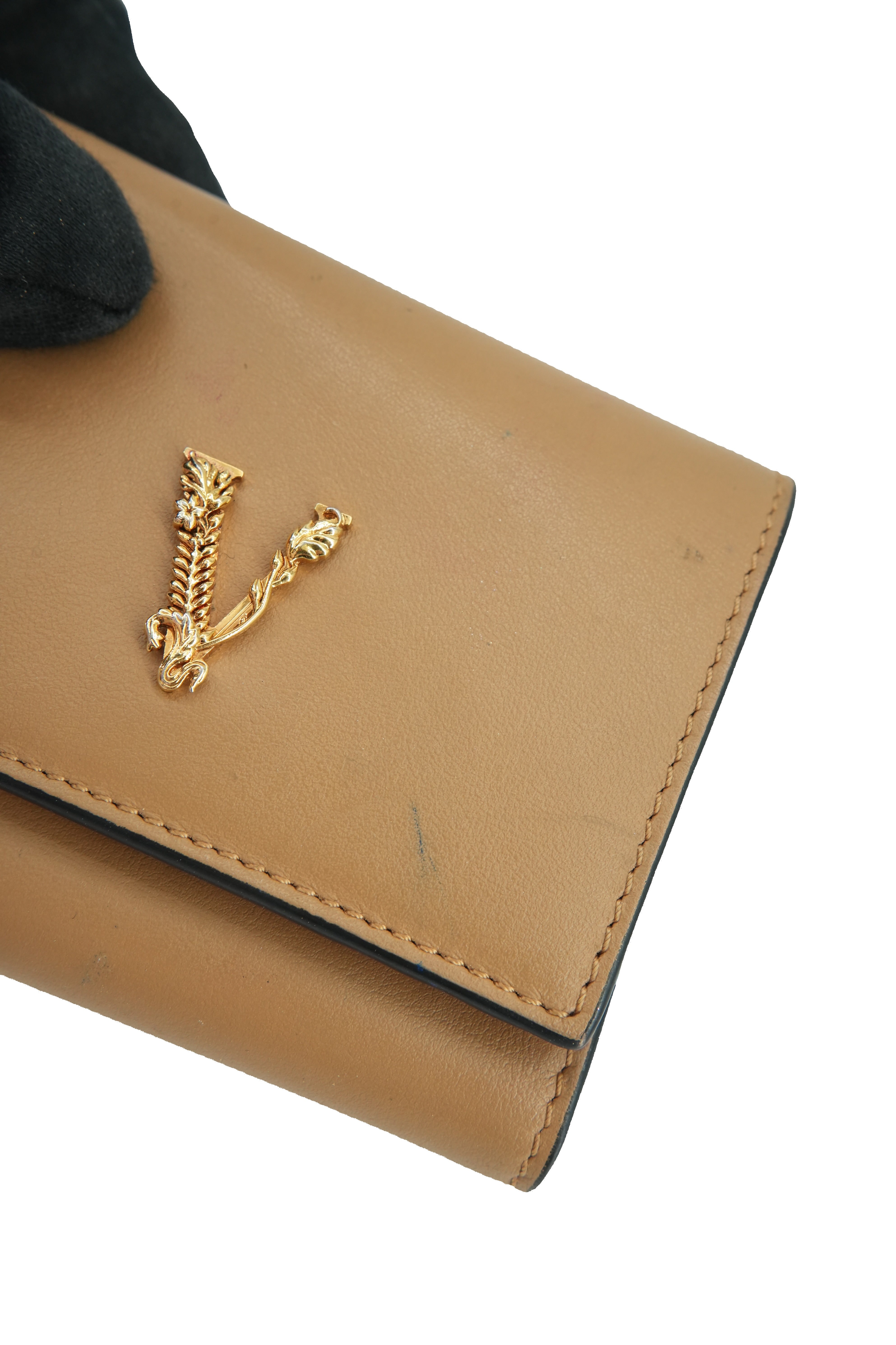 Versace brown leather Virtus V tri fold wallet