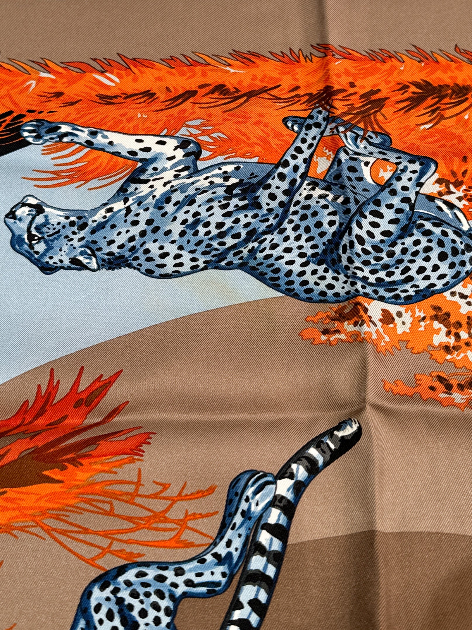 Hermès carre 90cm blue, orange, taupe guepards silk scarf