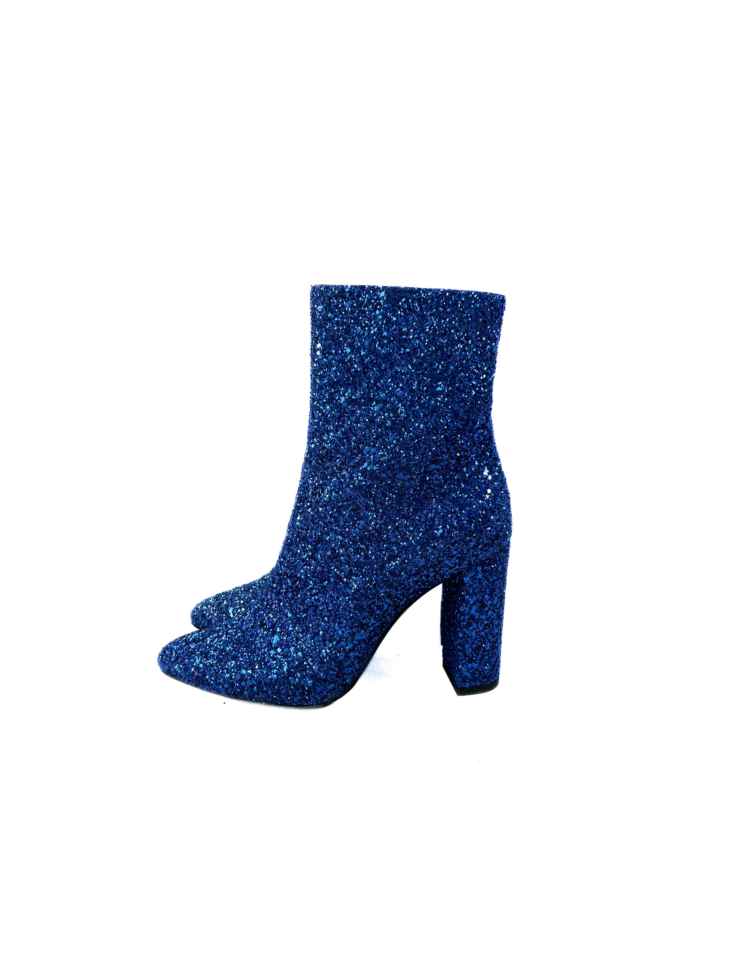 Saint Laurent blue glitter heeled Lou boots size 38.5 BOX NEW