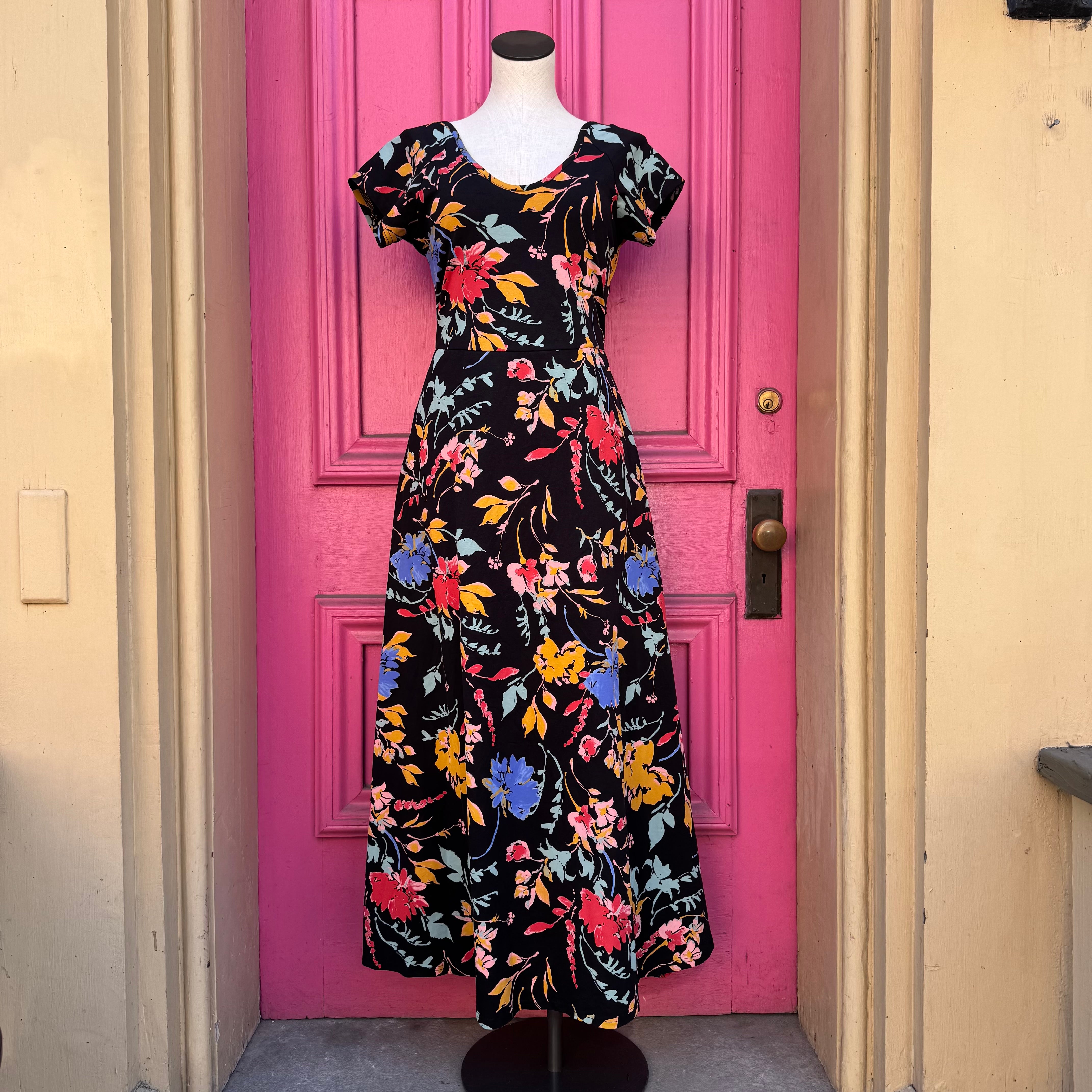 Pact black multicolor floral maxi dress size L NWT