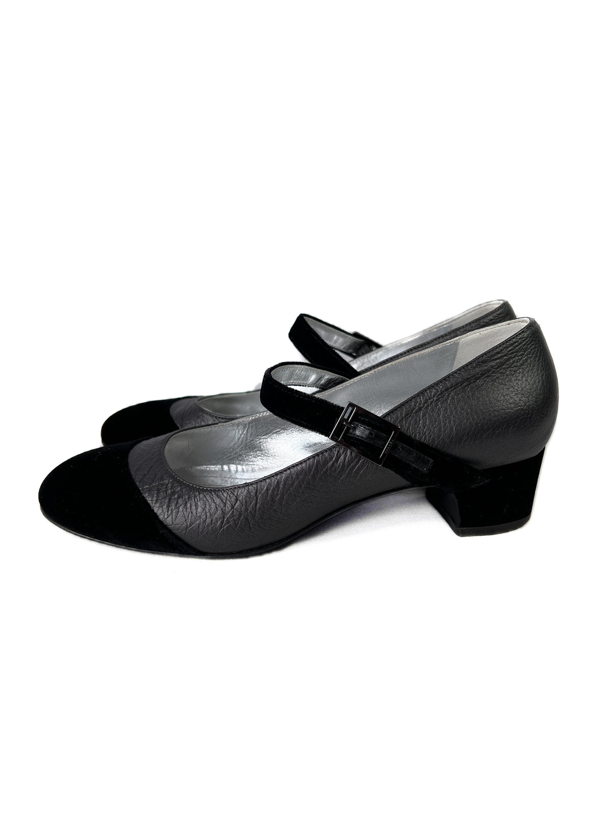Chanel silver and black leather Mary Janes size 38.5