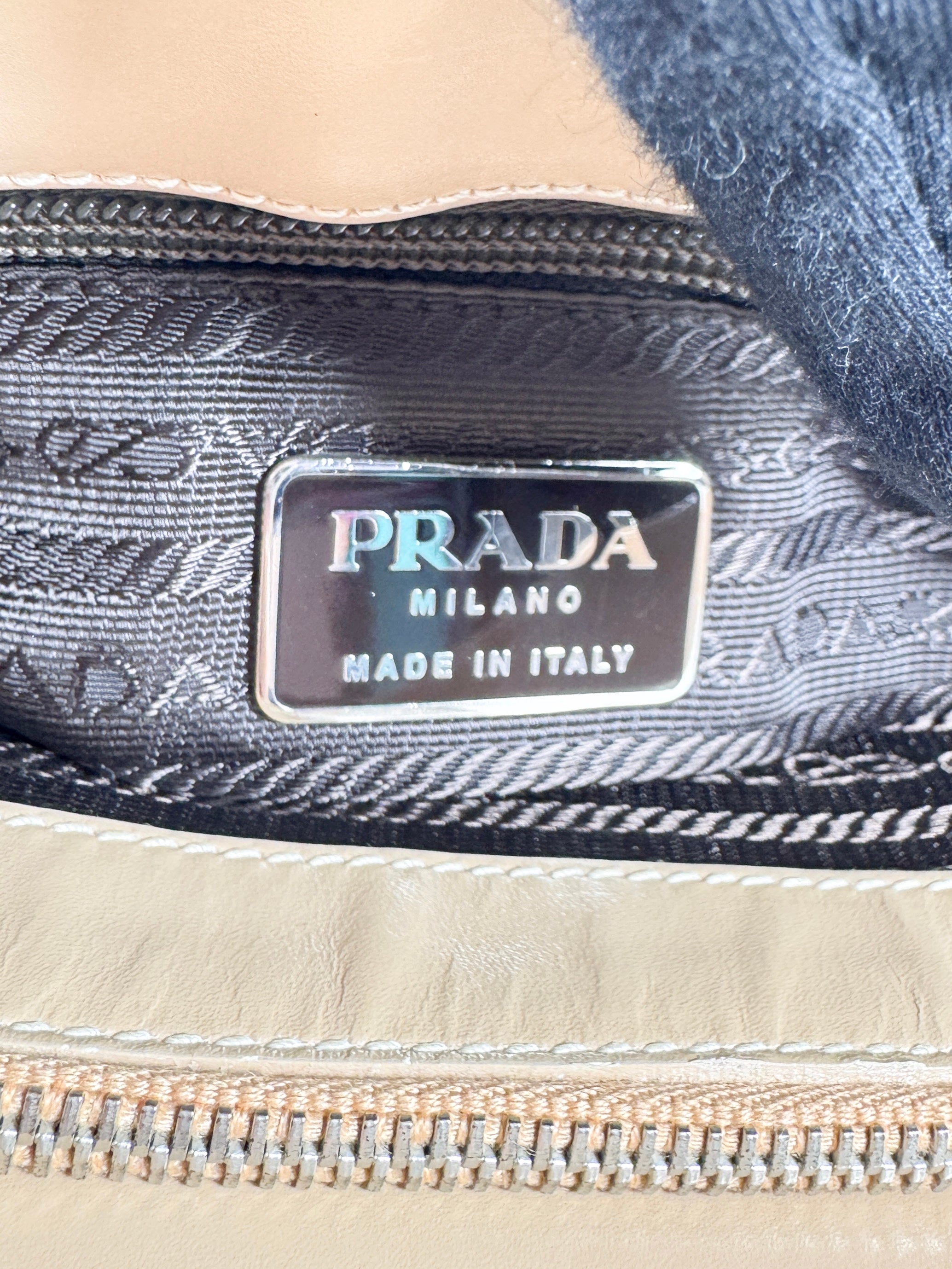 Prada beige patent leather Vitello Acciaio hobo 50