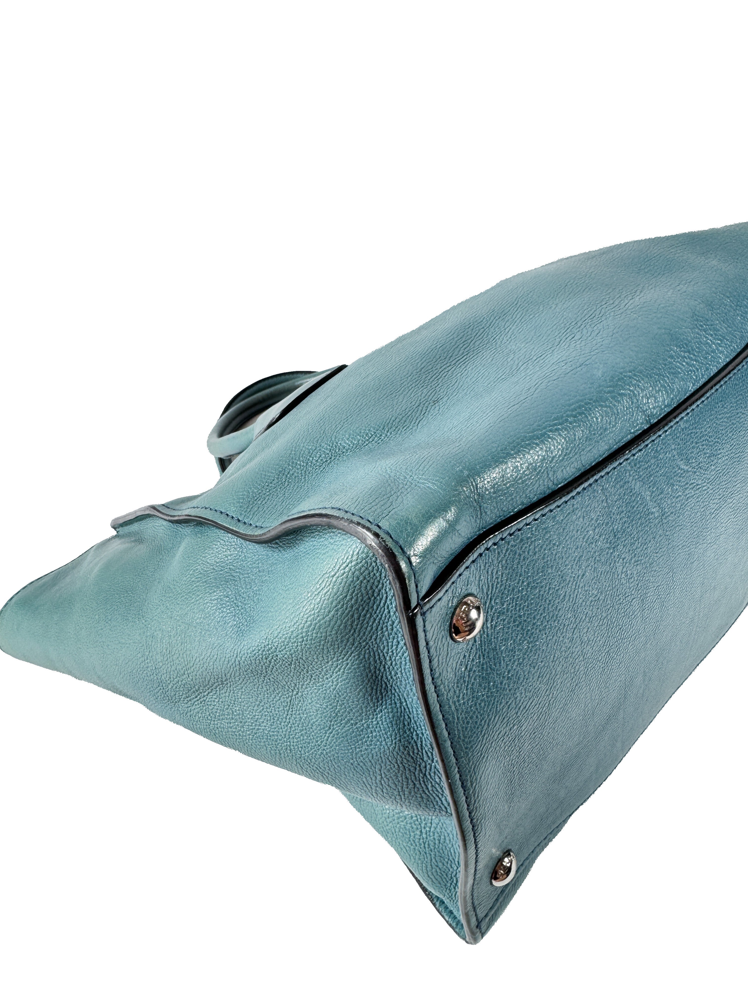 Prada teal twin pocket Glace leather tote 14/O