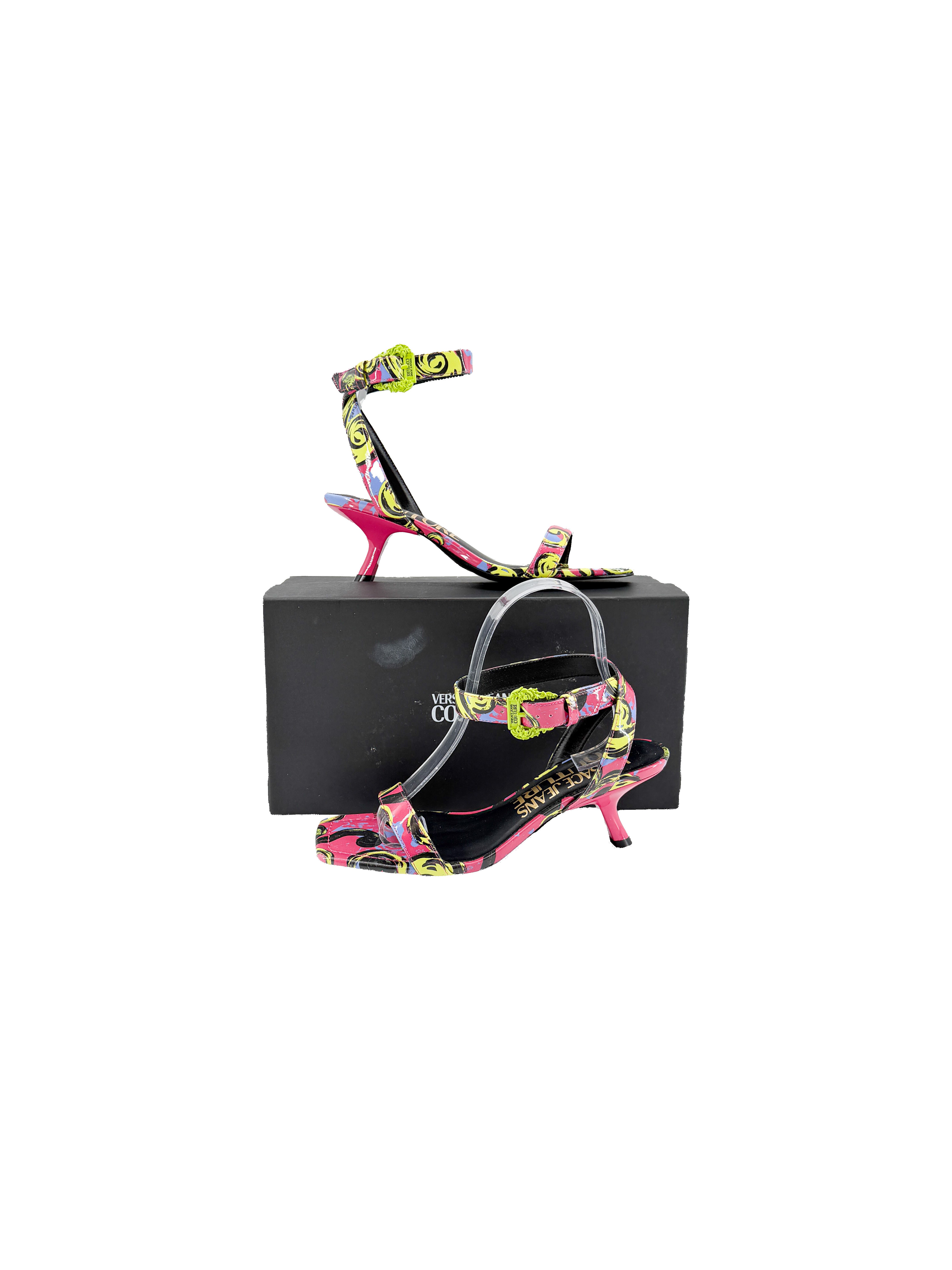 Versace Jeans Couture multi color strappy kitten heel sandals size 37 (7) BOX