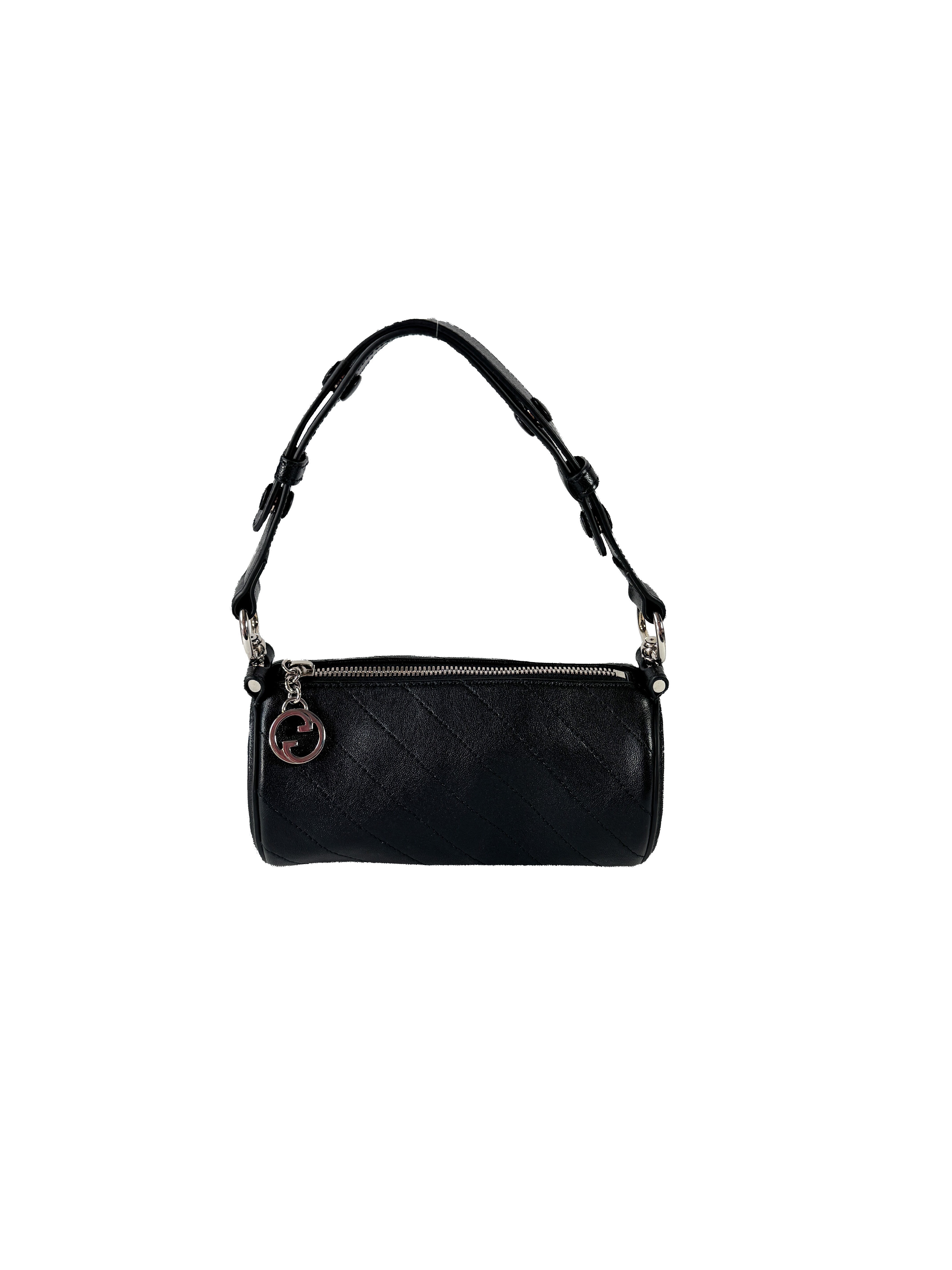 Gucci Sakai Be Green Calfskin Diagonal Stitched Mini Blondie Barrel Shoulder Bag Black 760170525040