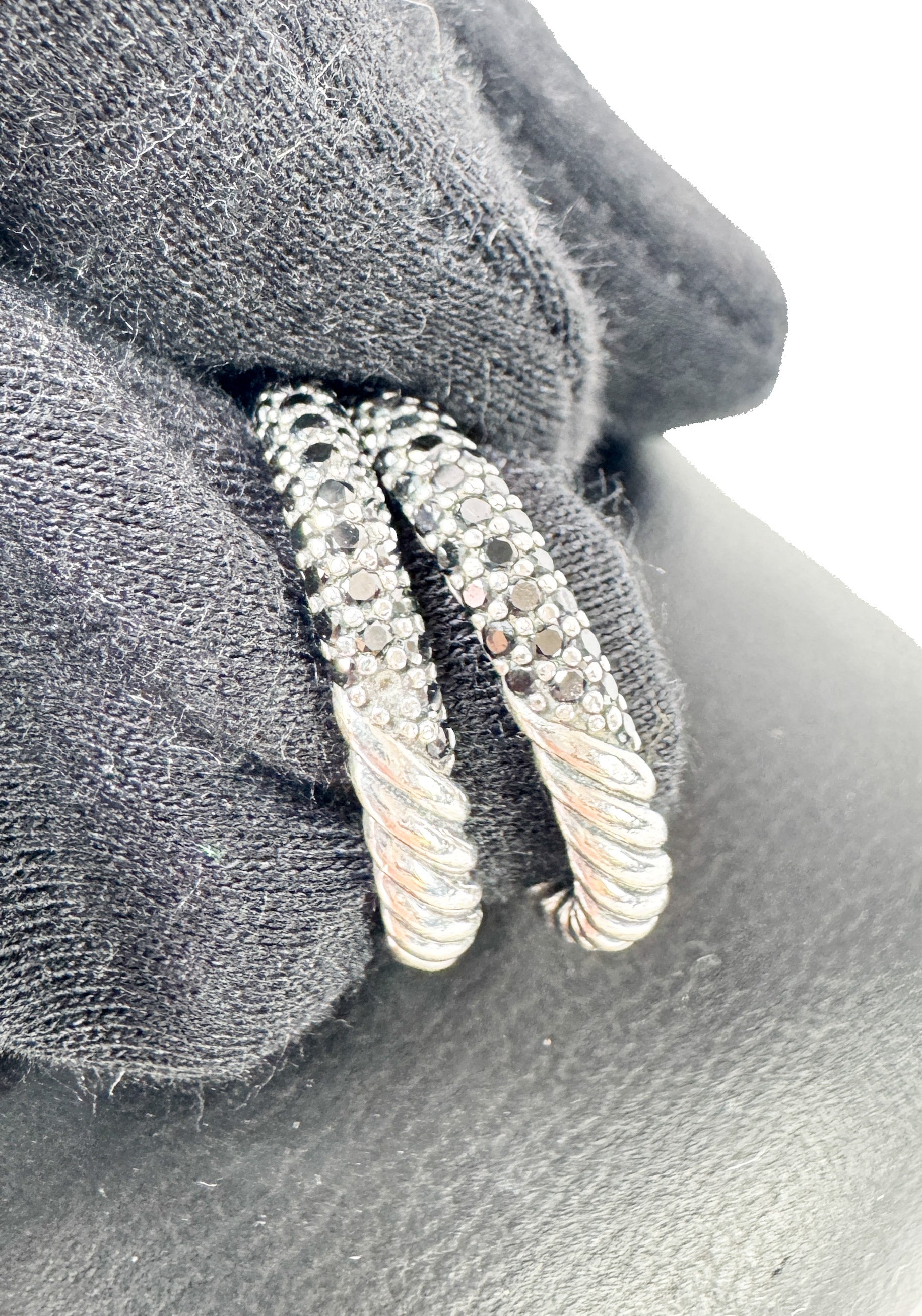 David Yurman sterling silver black diamond Petite Pavé Cable Band ring set of 2