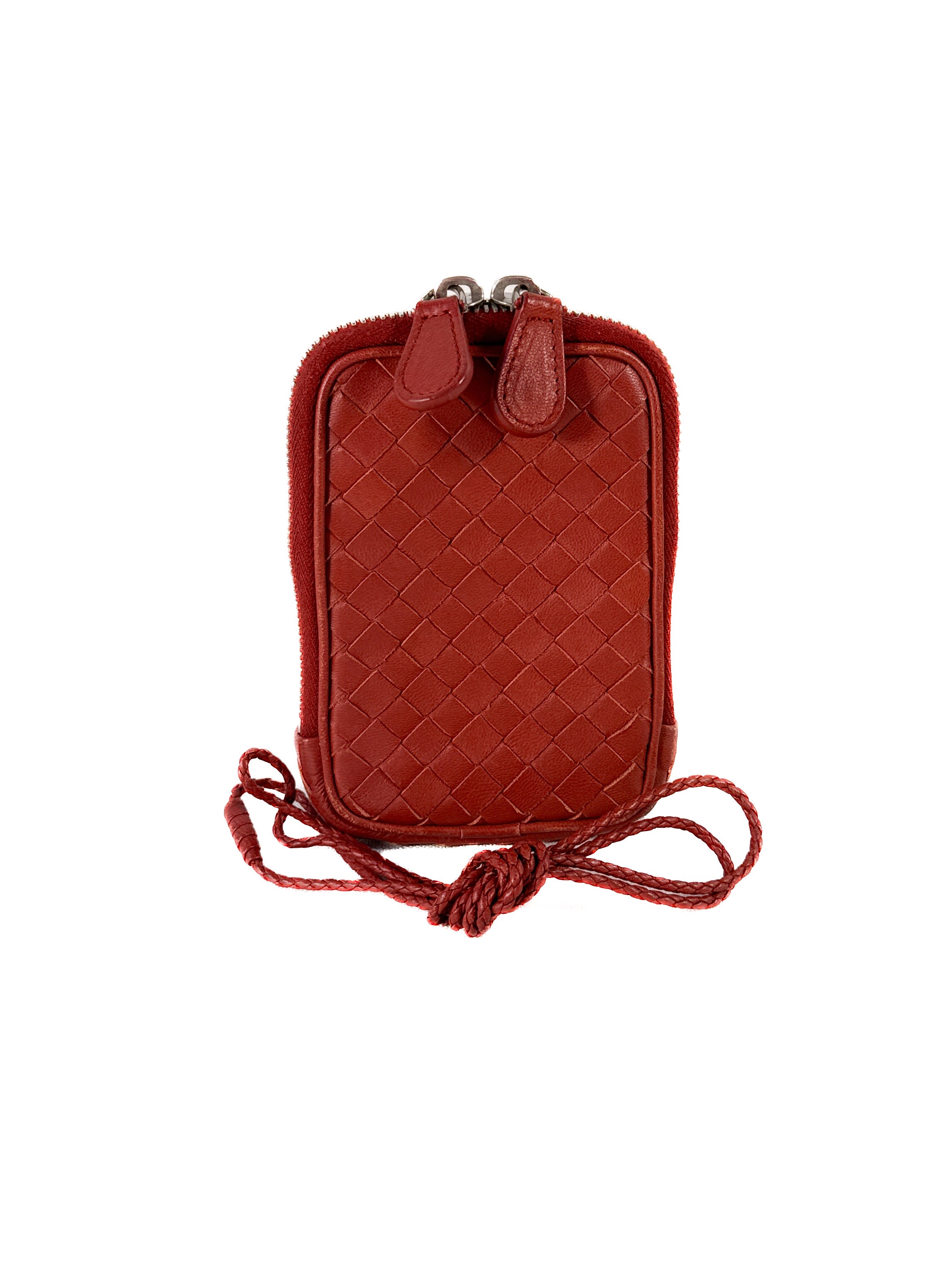 Bottega Veneta red intrecciato leather nano zip tech case lanyard 2175