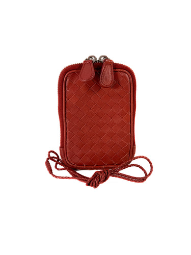 Bottega Veneta red intrecciato leather nano zip tech case lanyard  217589 V001D 6503